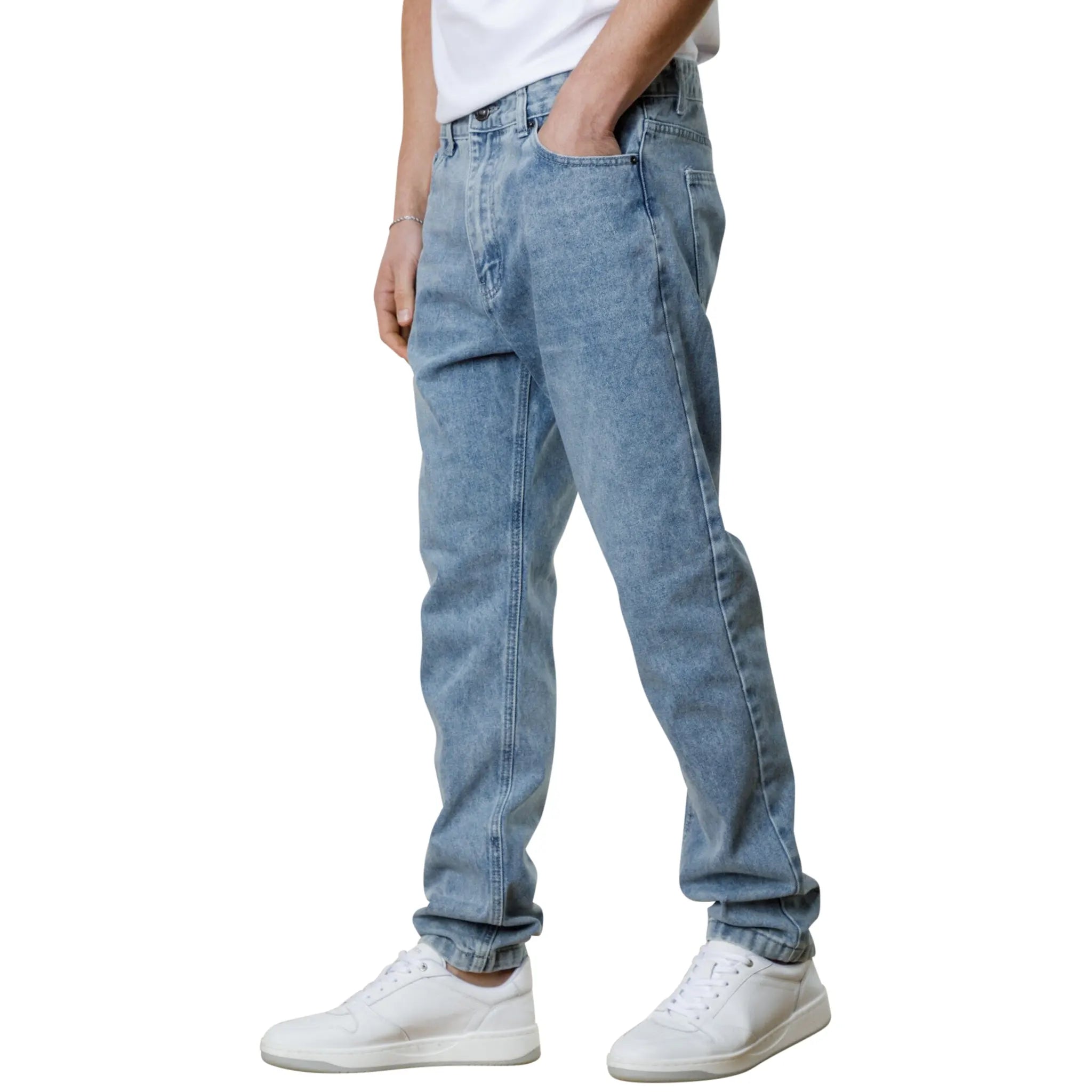 Model front view of VLogo patch straight-leg Bershka jeans