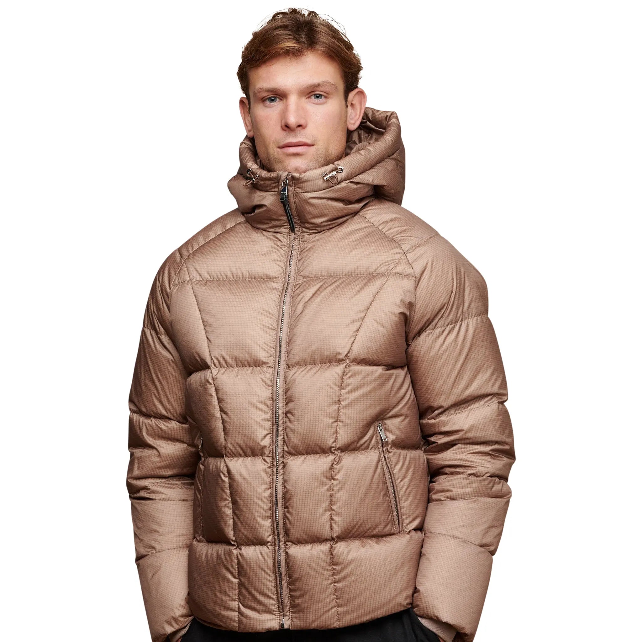 Model front view of Belier Taupe Ripstop Down Filled Puffer Jacket 