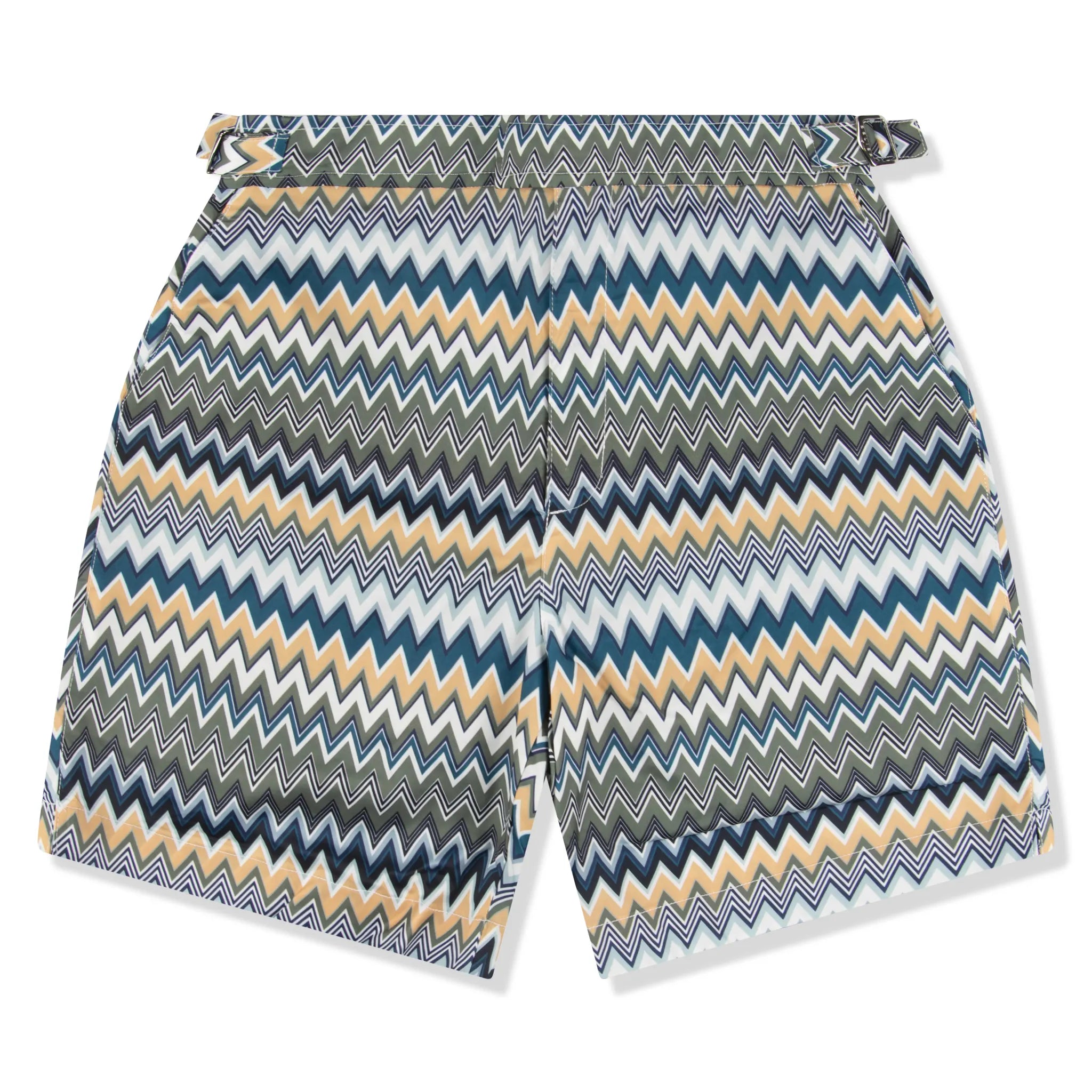Front view of view of Belier Zag Print Yellow Green Resort Swim Shorts