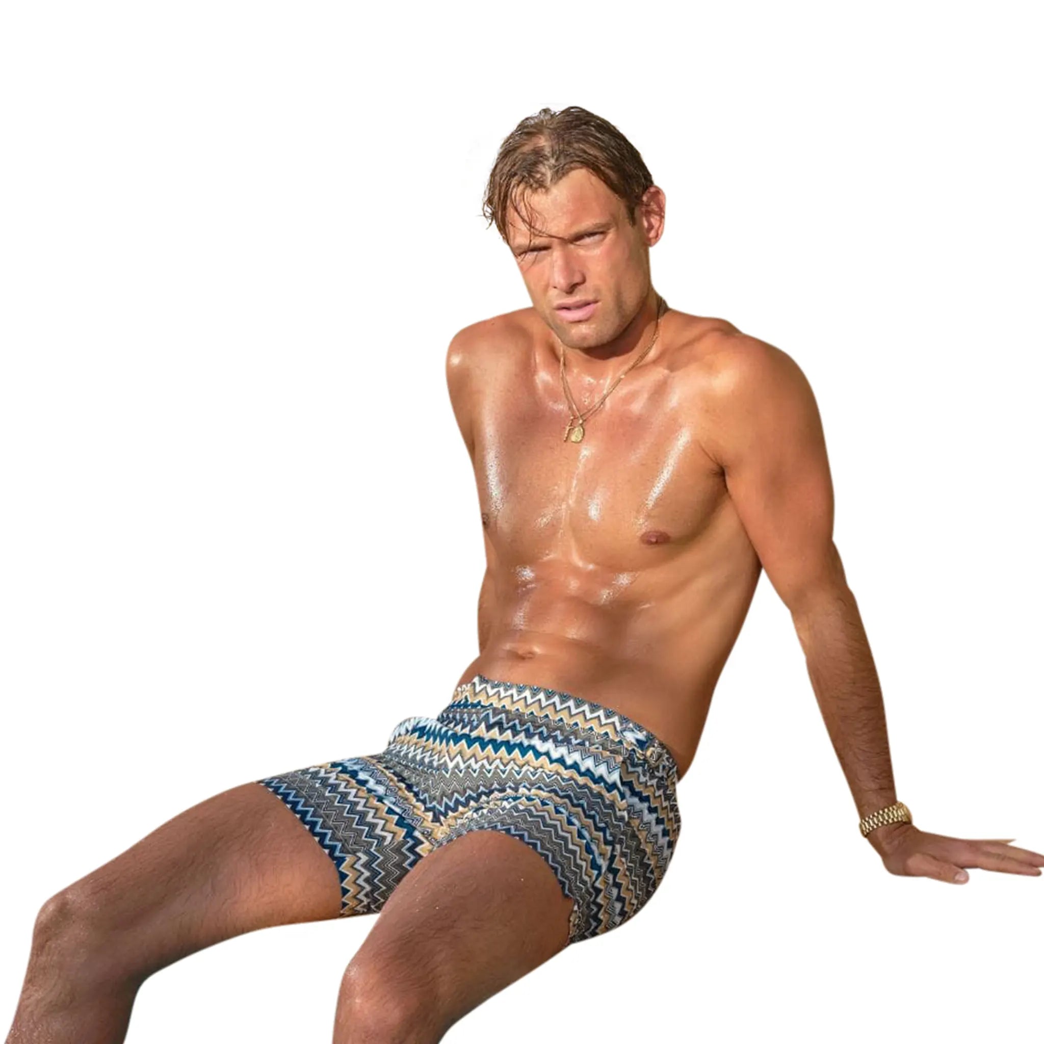 Model Detail view of Belier Zag Print Yellow Green Resort Swim Shorts