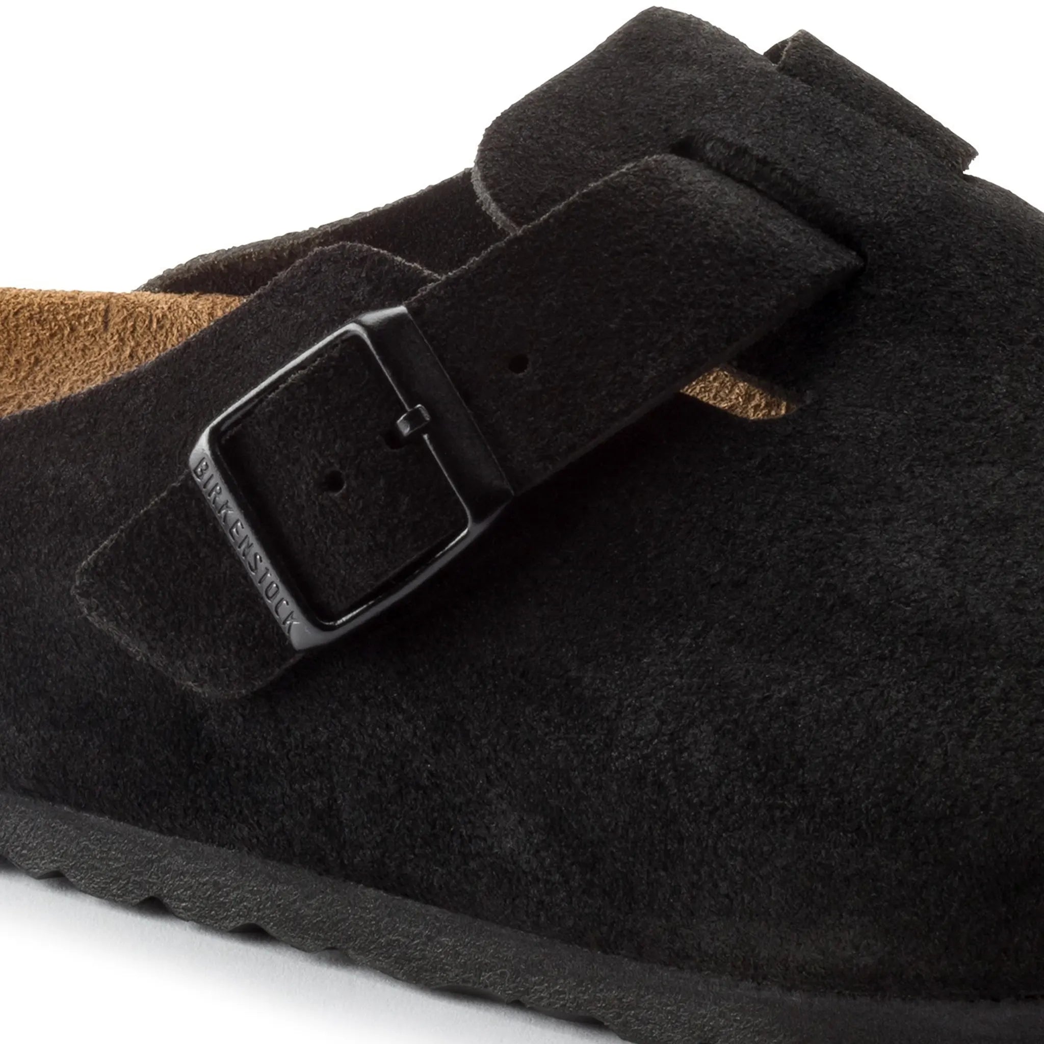 Detail view of Birkenstock Boston Suede Flat Sandals Black (W)