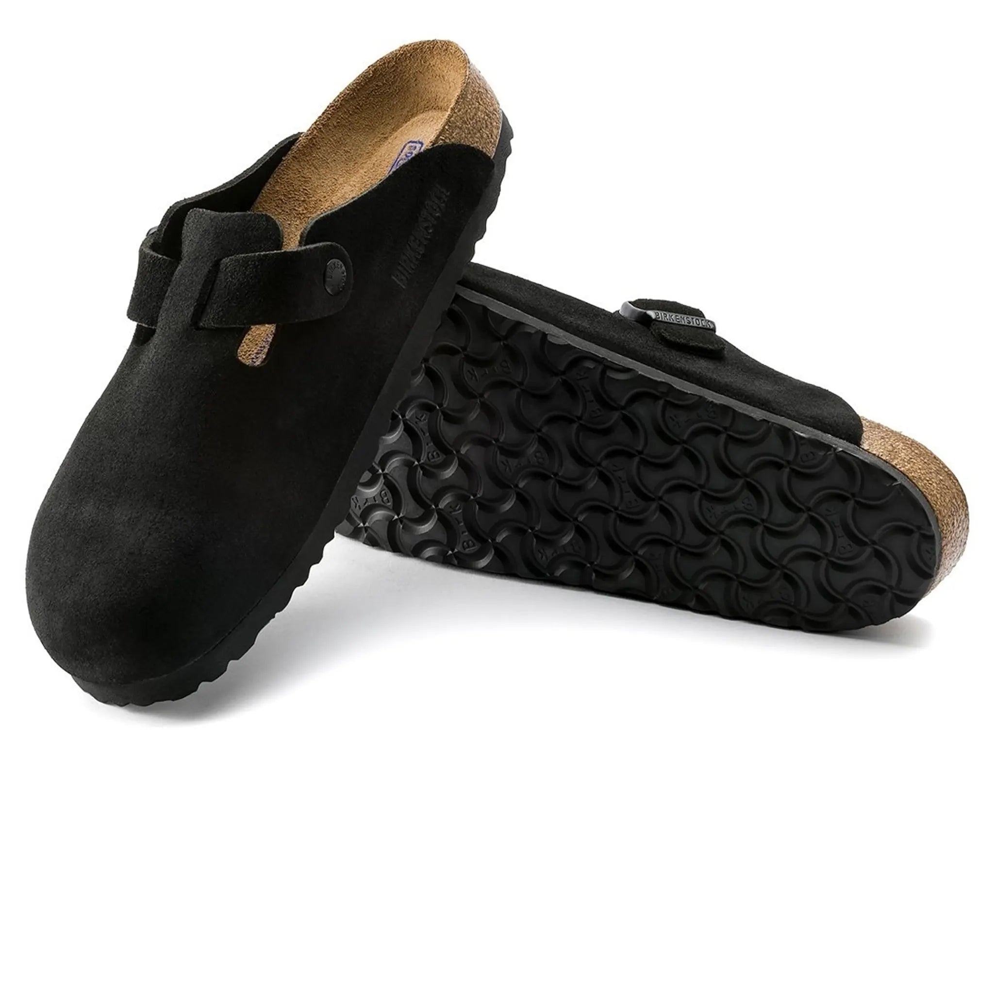 Detail view of Birkenstock Boston Suede Flat Sandals Black (W)