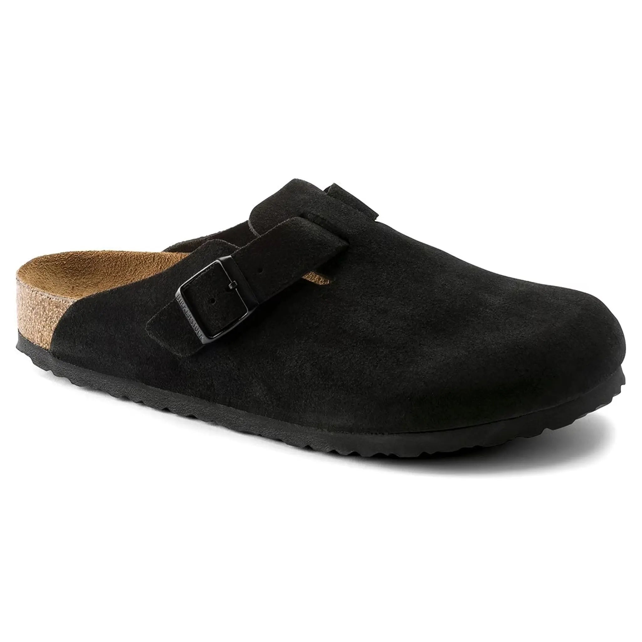 Front Side view of Birkenstock Boston Suede Flat Sandals Black (W)