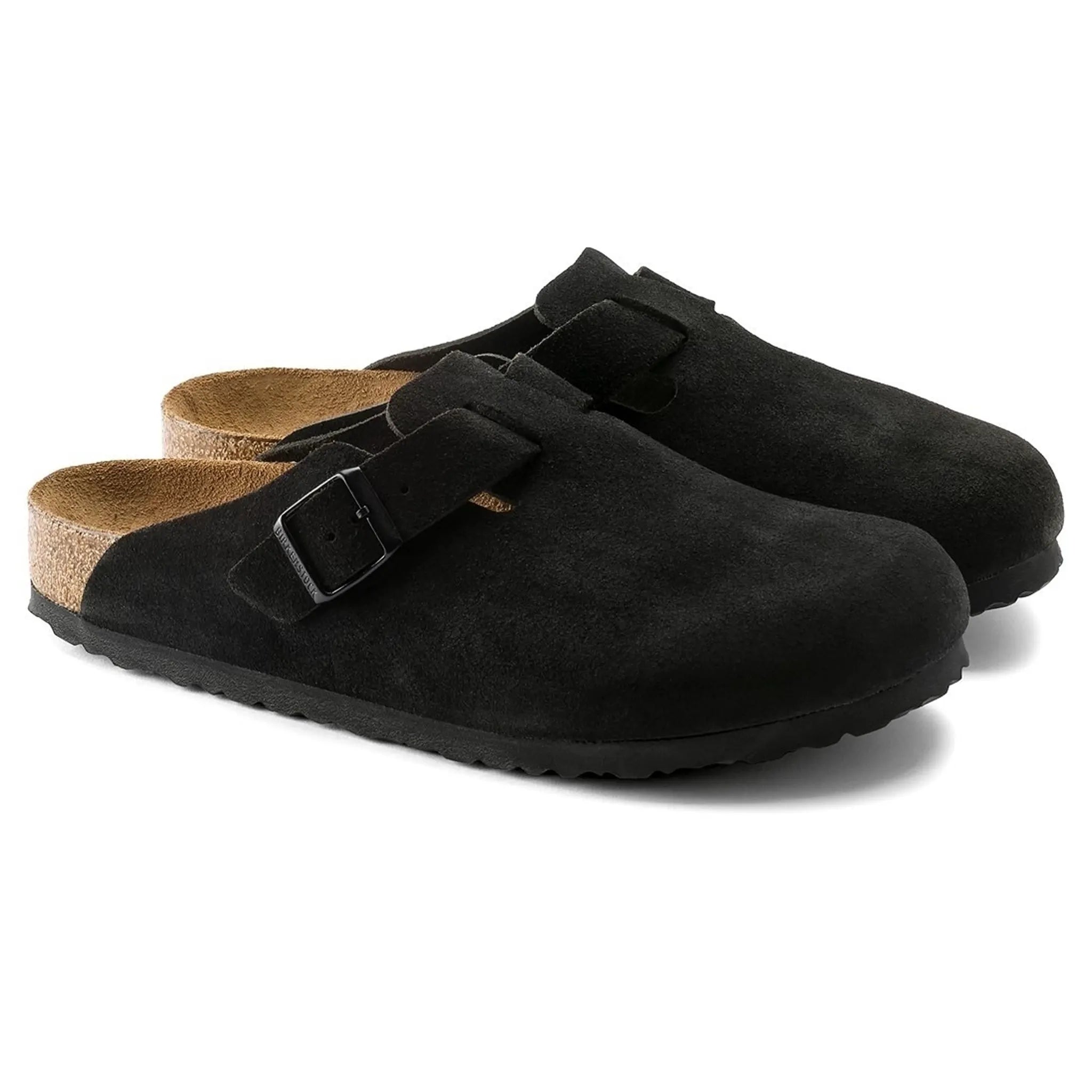 Pair view of Birkenstock Boston Suede Flat Sandals Black (W)