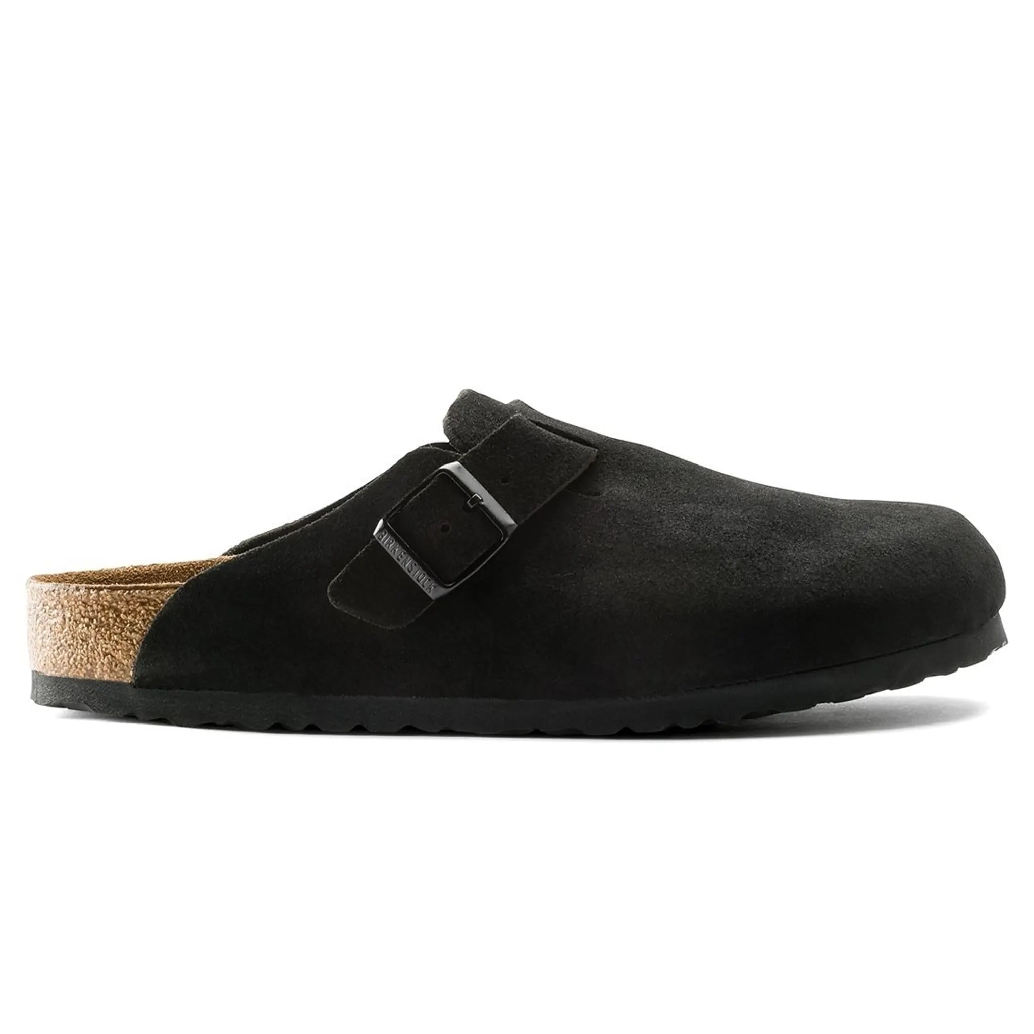 Side view of Birkenstock Boston Suede Flat Sandals Black (W)