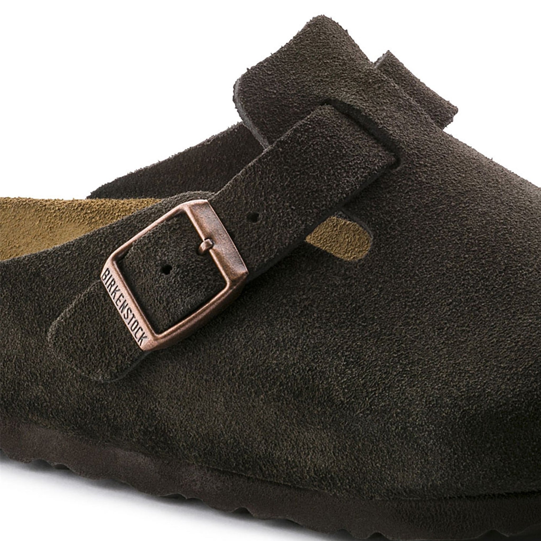 Buckle view of Birkenstock Boston Suede Flat Sandals Mocha 0660461