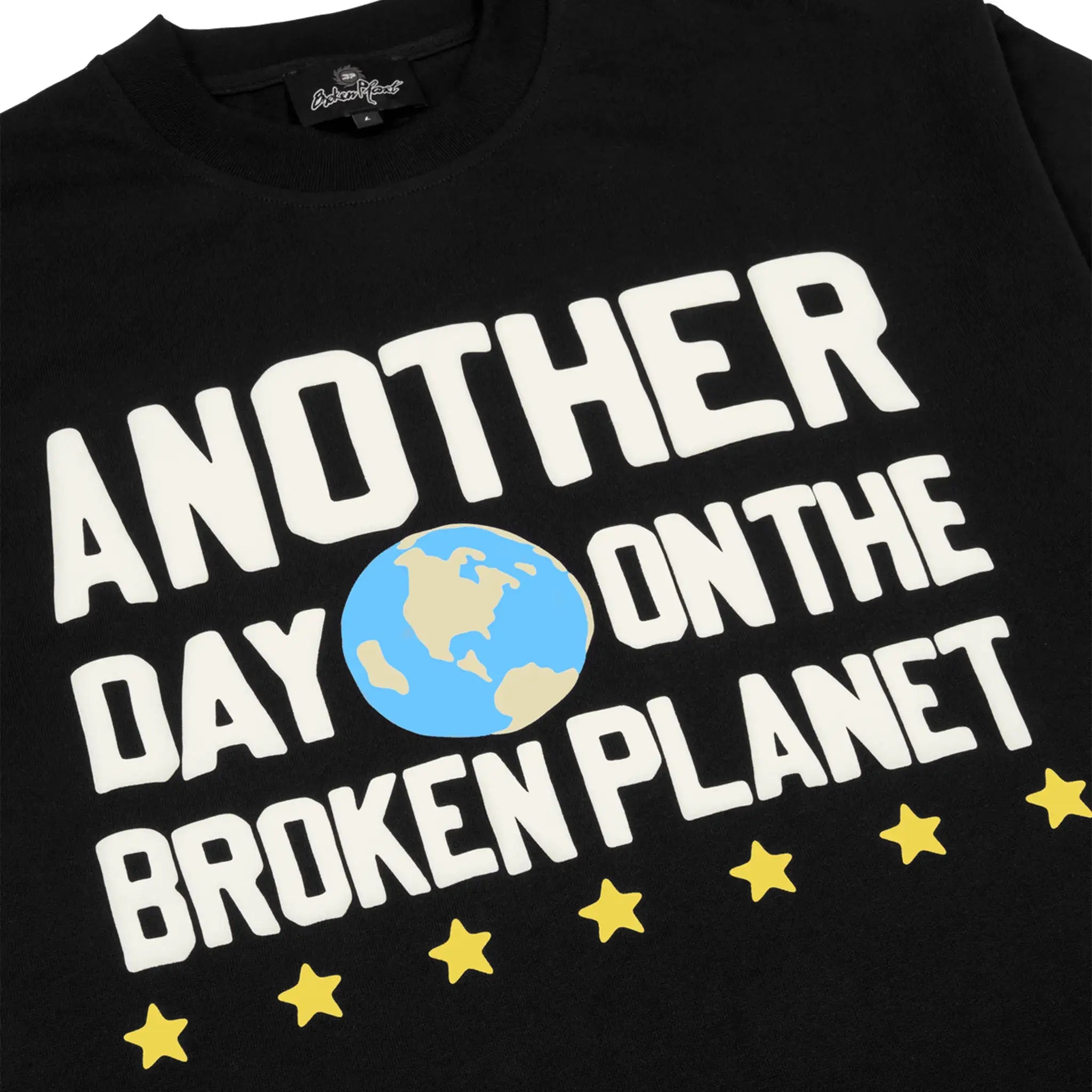 Front detail view of Broken Planet Another Day Midnight Black T Shirt