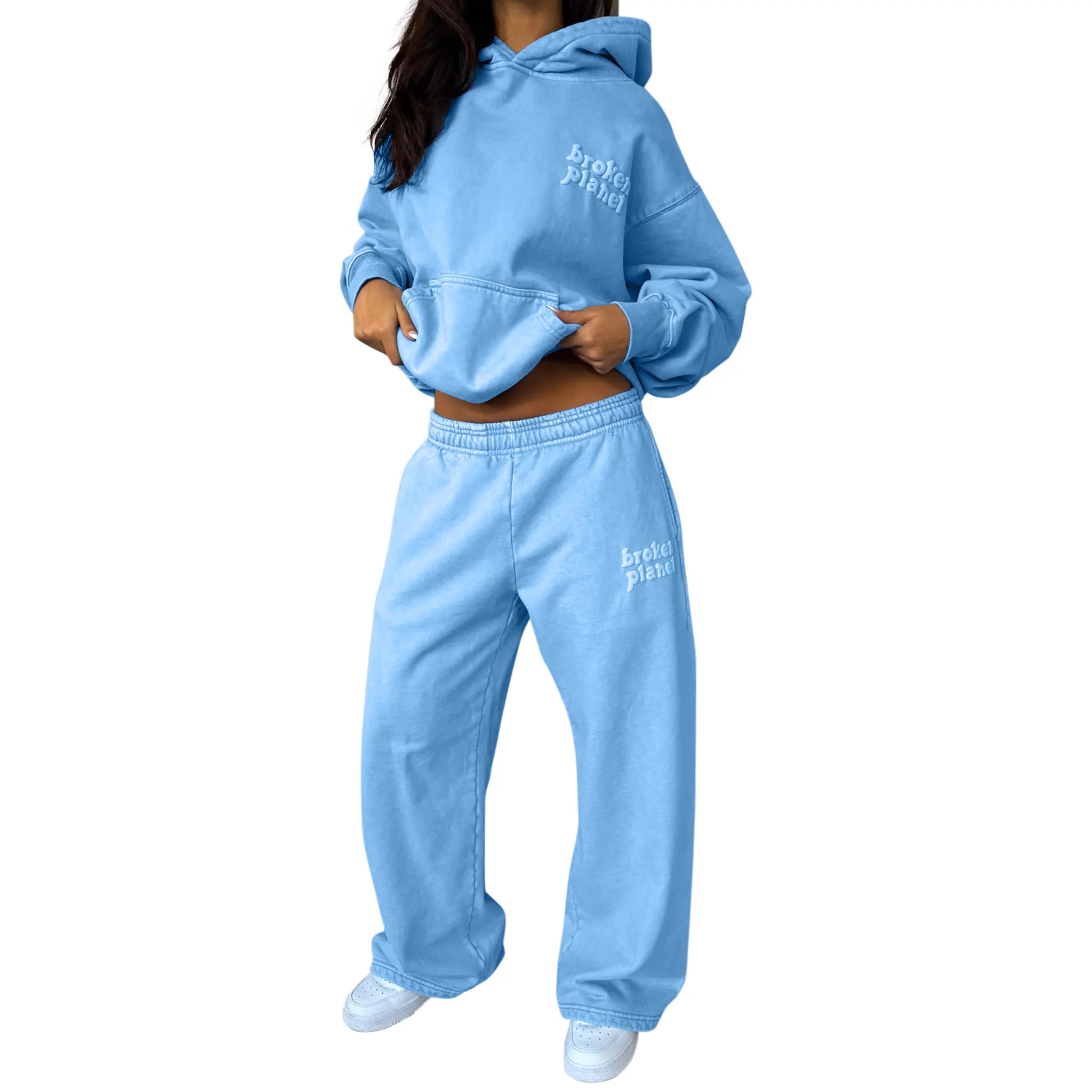 Model front view of Broken Planet Basics Washed Light Blue Hoodie