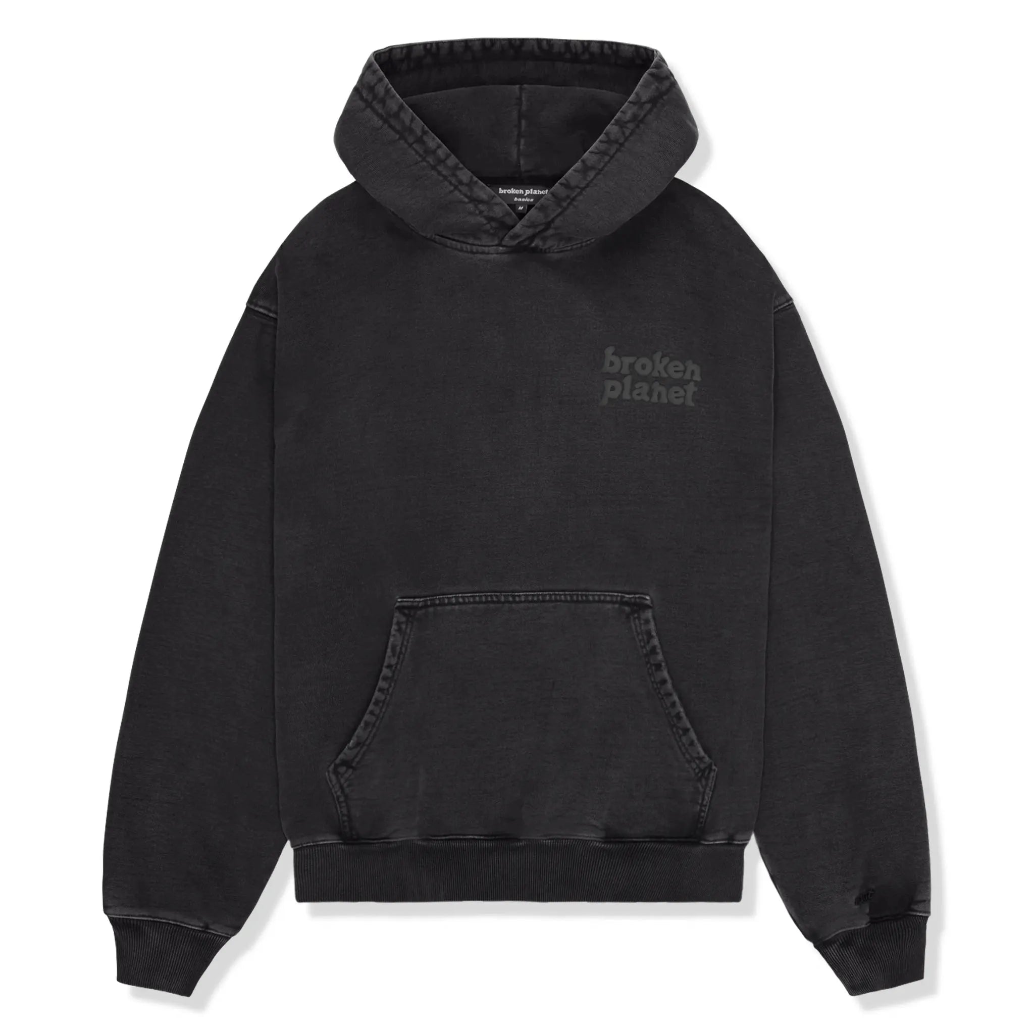 Front view of Broken Planet Basics Washed Midnight Black Hoodie