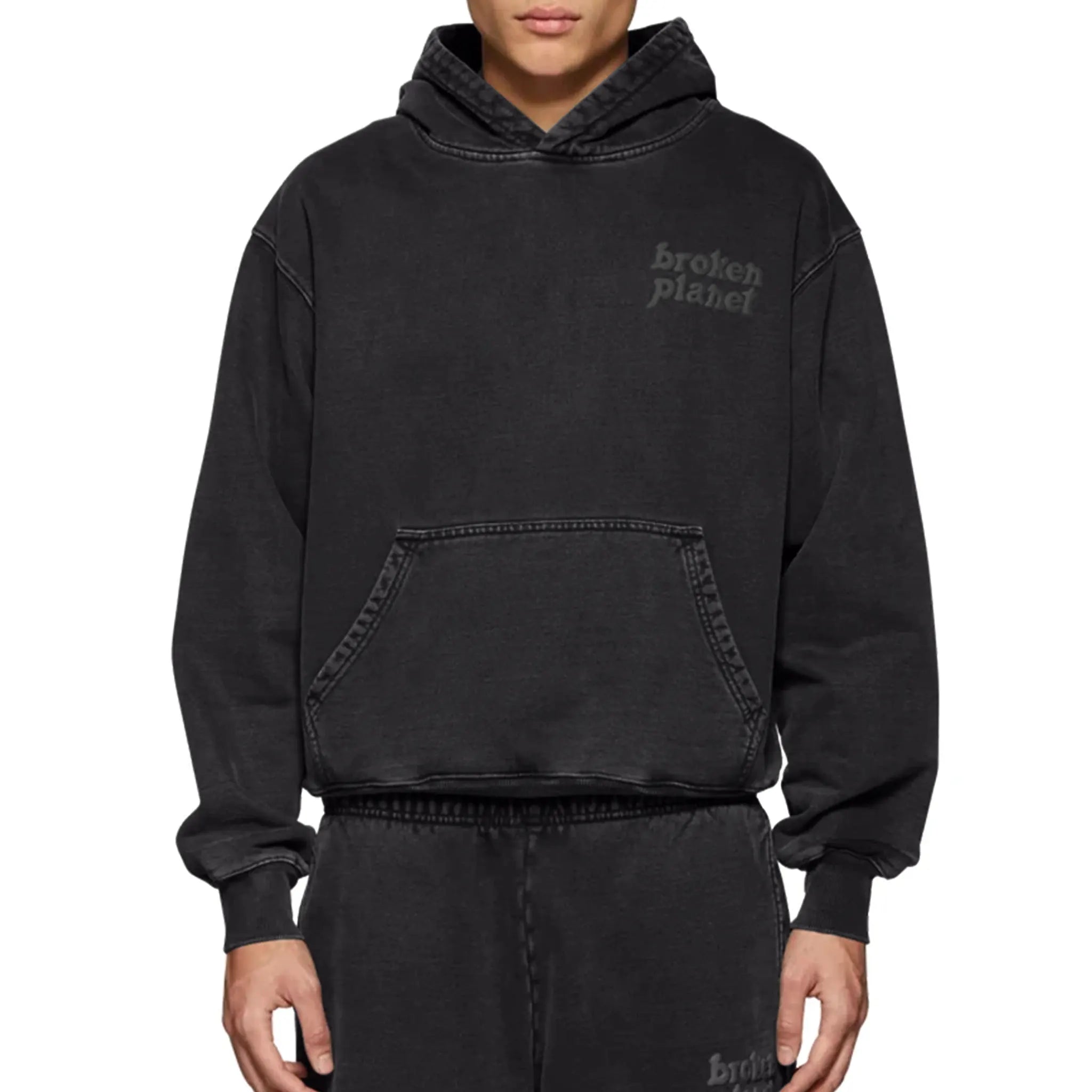 Model view of Broken Planet Basics Washed Midnight Black Hoodie