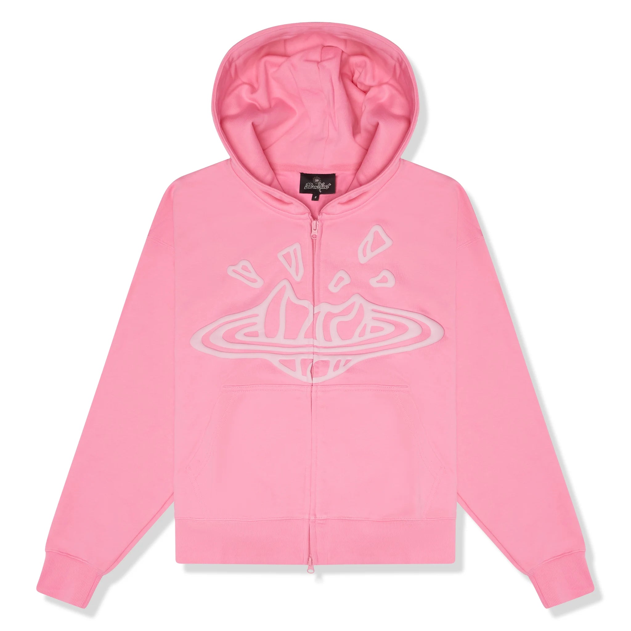 Front view of Broken Planet Candy Pink Zip-Up Hoodie 