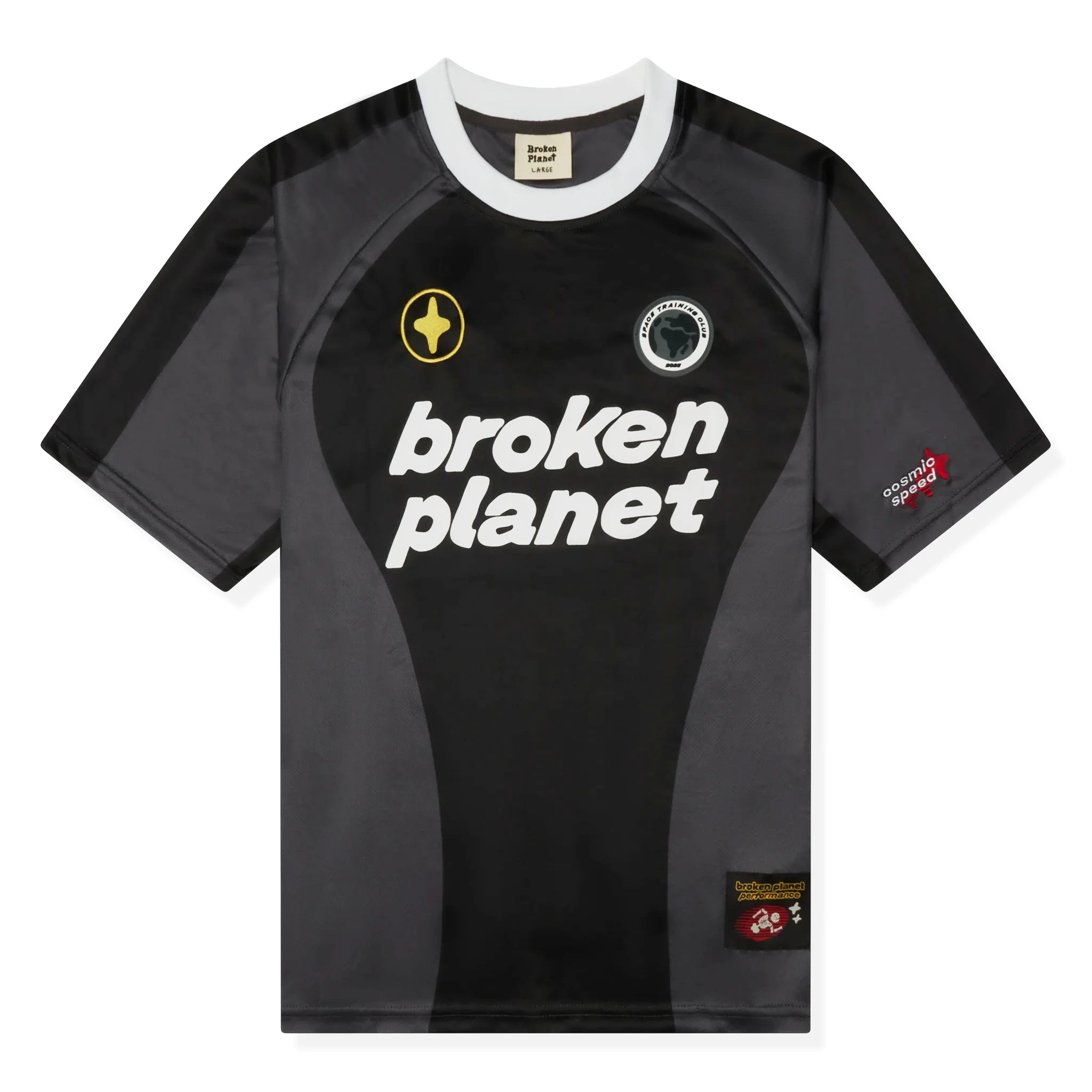 Front view of Broken Planet Cosmic Speed Football T Shirt Black Grey BP-FT-BLACK/GRAY