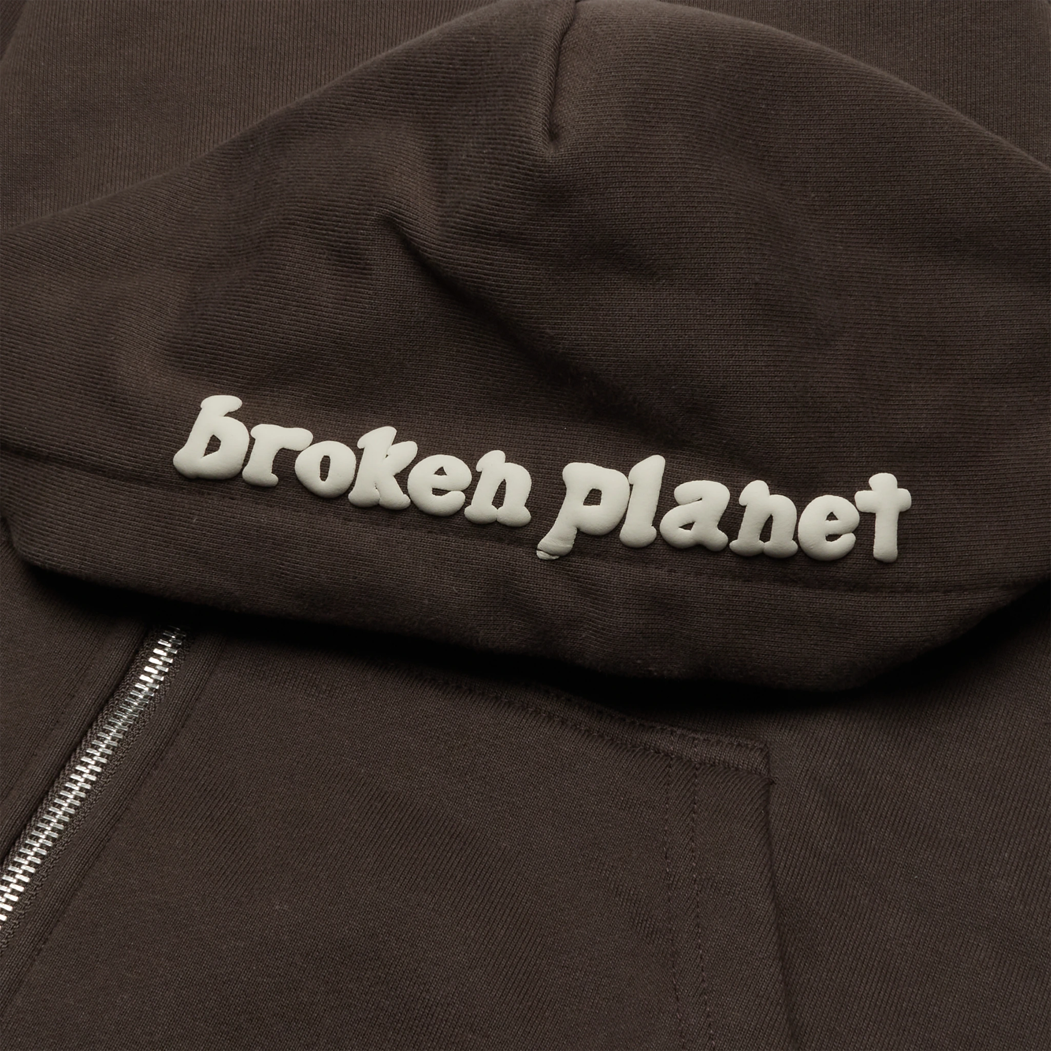 Hood view of Broken Planet Dark Brown Zip-Up Hoodie BP-OS-ZU-DARK_BROWN