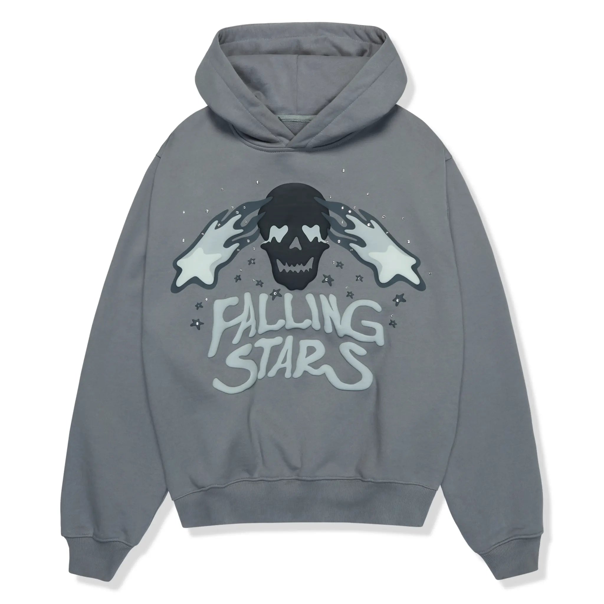 Front view of Broken Planet Falling Stars Dark Gray Hoodie