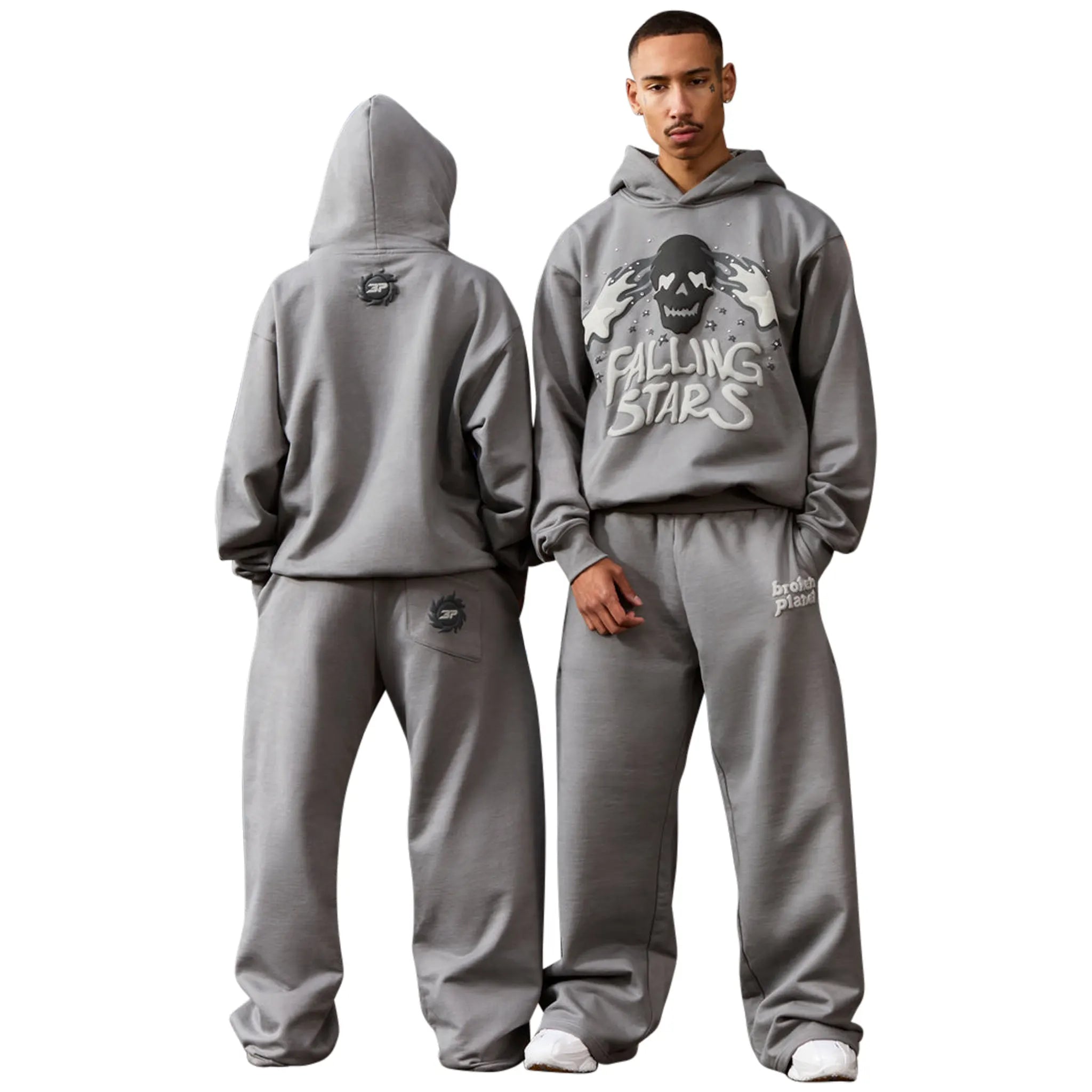 Model Front view of Broken Planet Falling Stars Dark Gray Hoodie