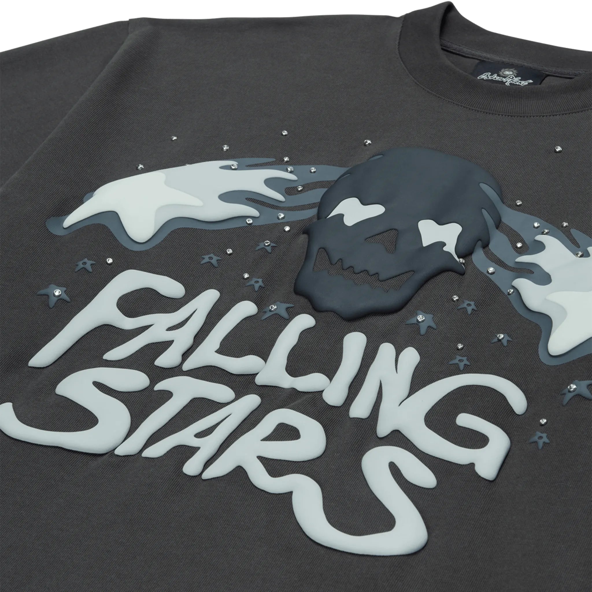 Detail view of Broken Planet Falling Stars Soot Black T Shirt