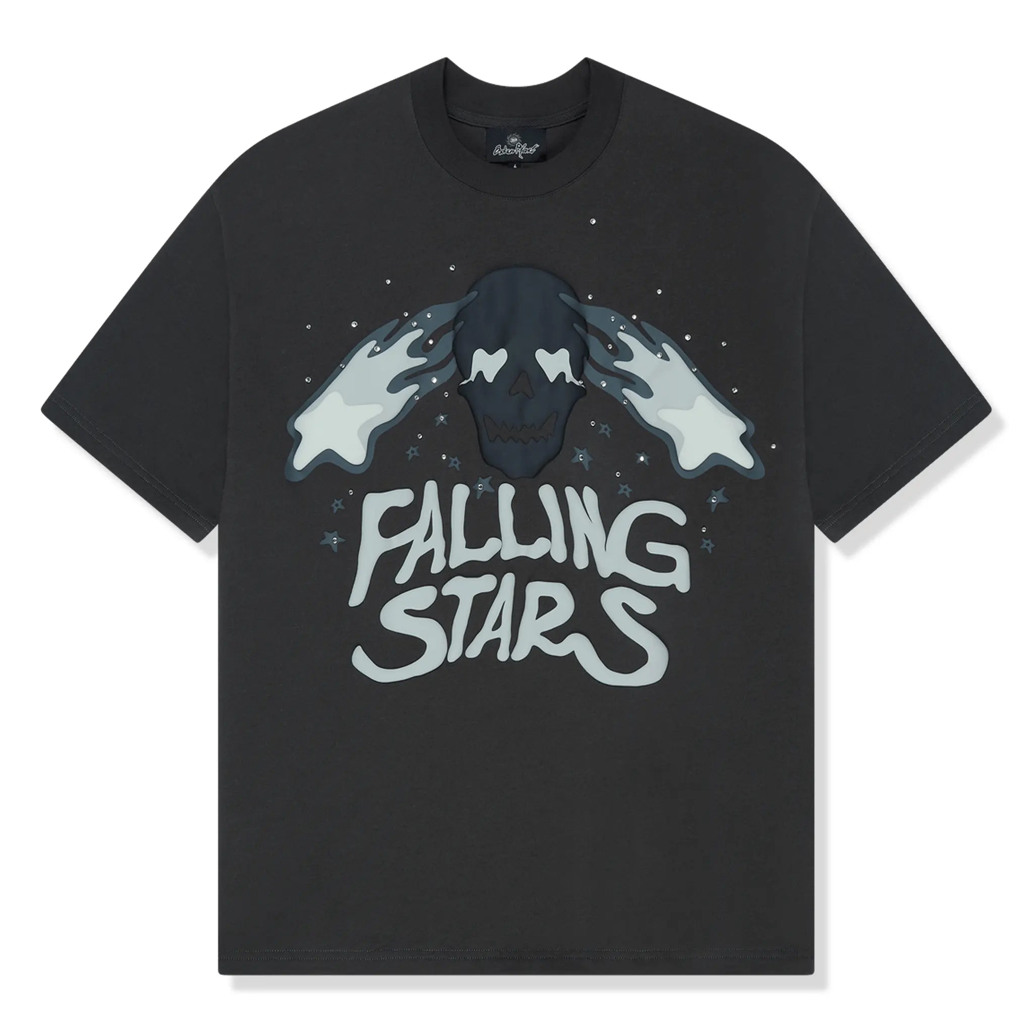 Front view of Broken Planet Falling Stars Soot Black T Shirt