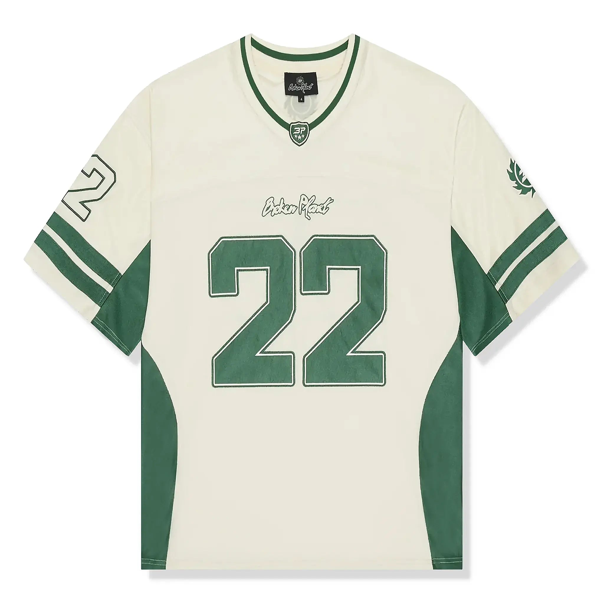 Front view of Broken Planet Football Green Cream Jersey