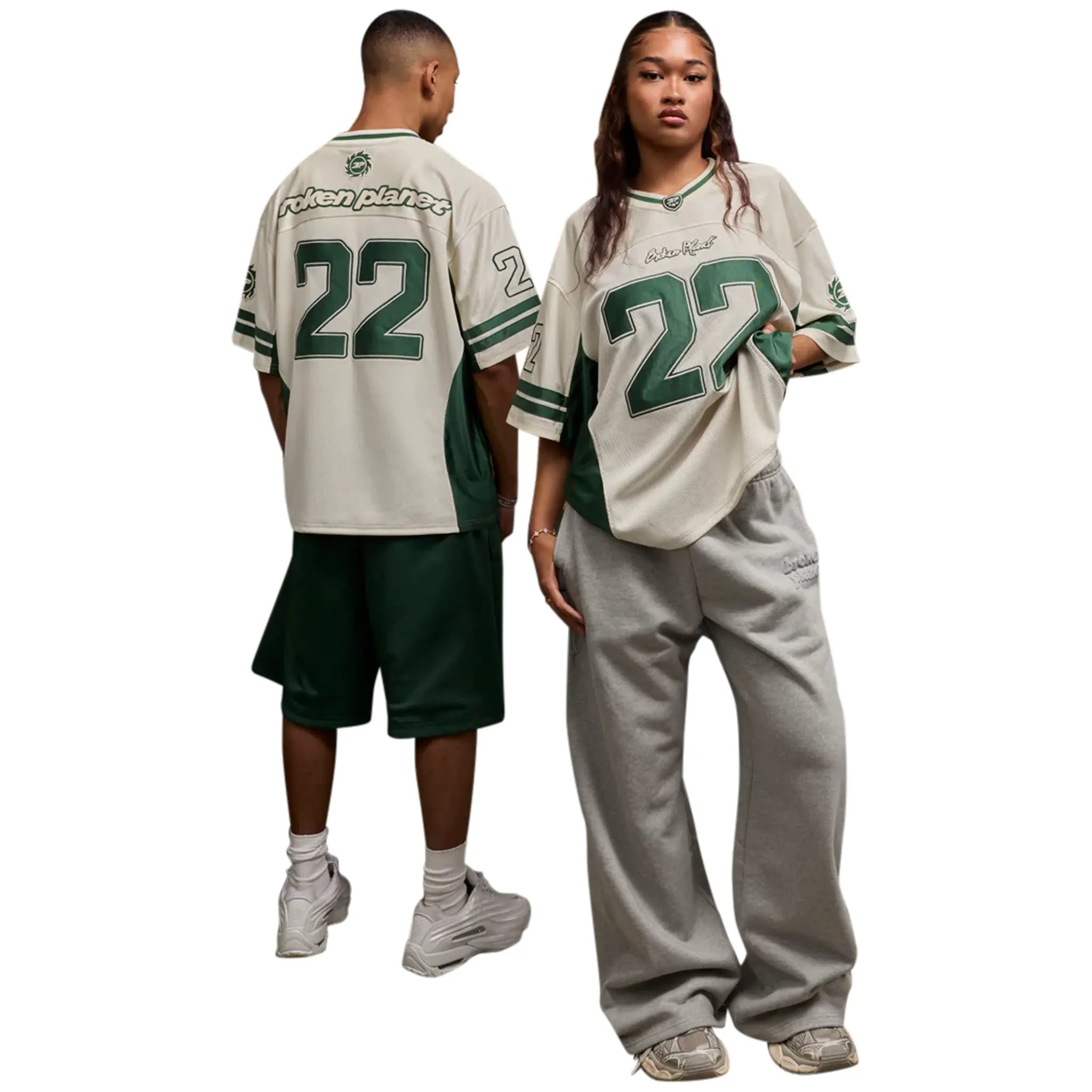 Model view of Broken Planet Football Green Cream Jersey