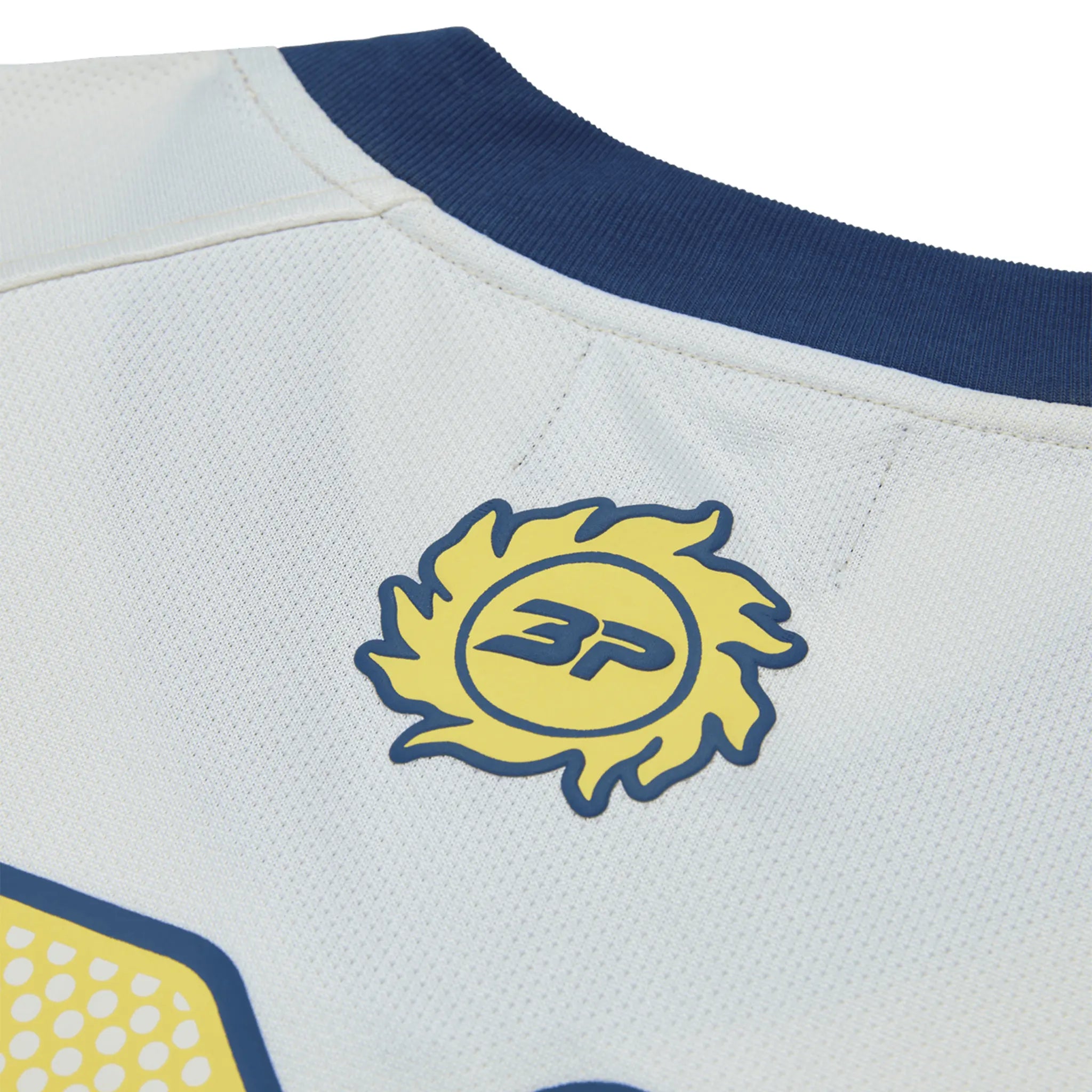 Detail view of Broken Planet Football White Blue Jersey