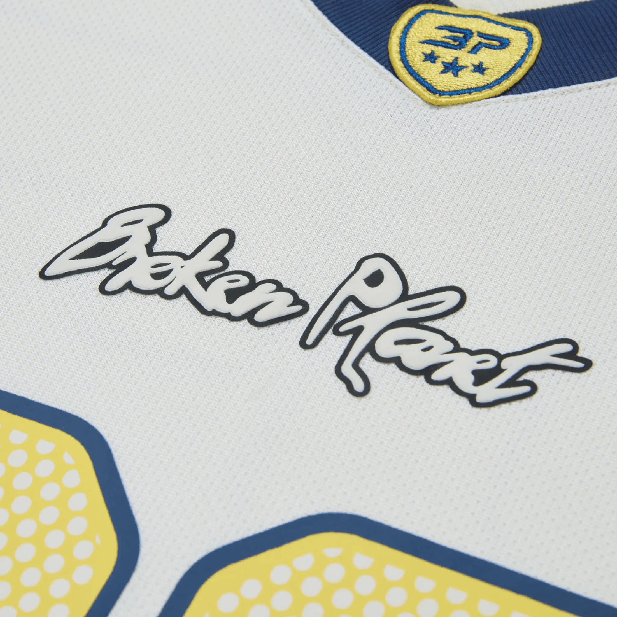 Detail view of Broken Planet Football White Blue Jersey