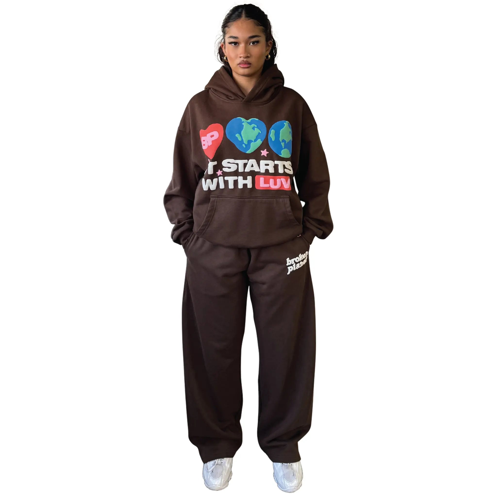 Image of Broken Planet It Starts With Luv Mocha Brown Hoodie
