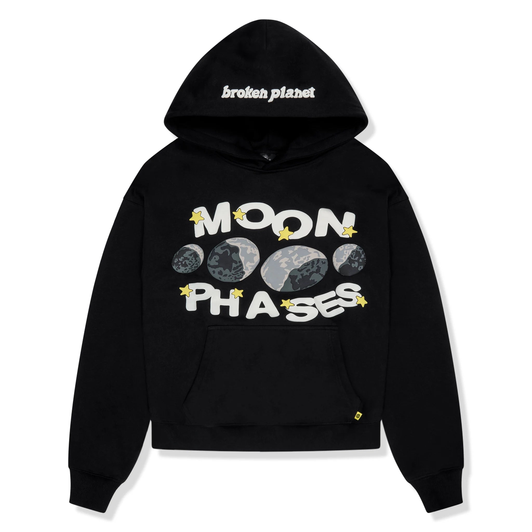 Front view of Broken Planet Midnight Black Moon Phases Hoodie