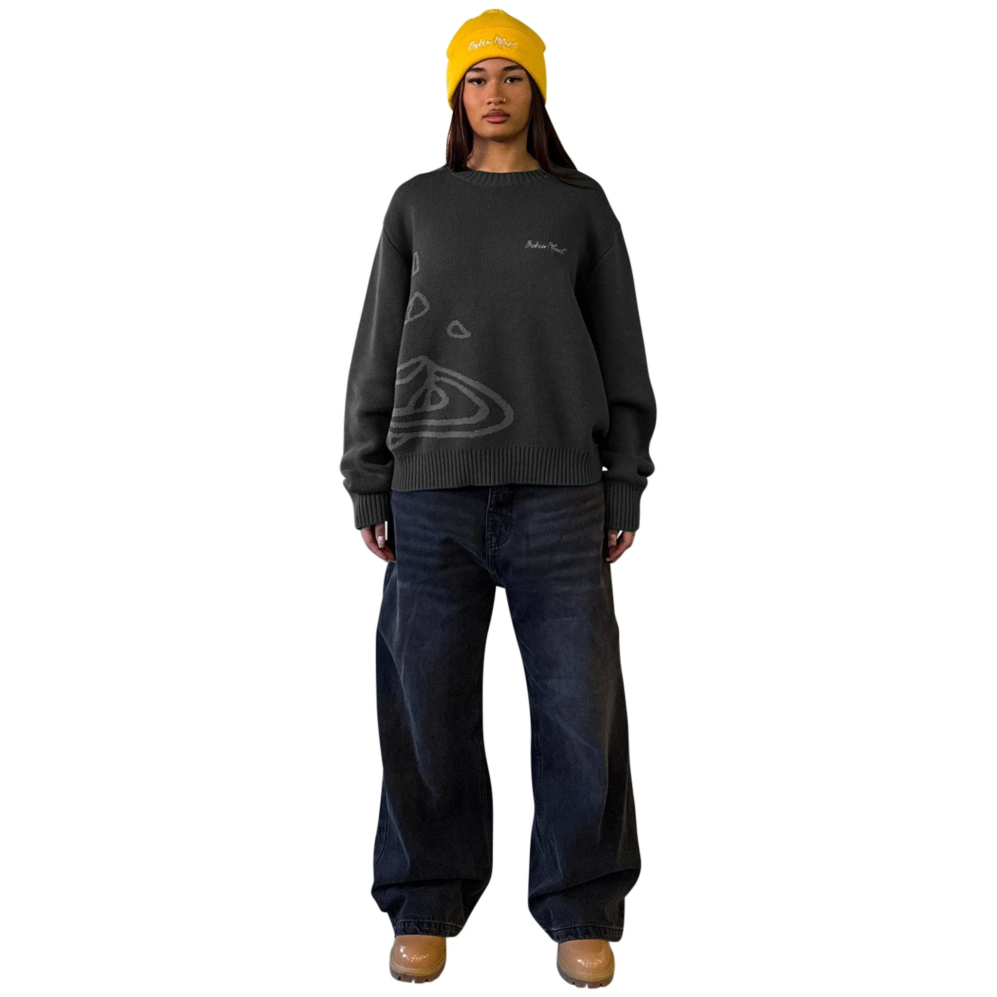 Model female view of Broken Planet Midnight Black Planet Knit Sweatshirt