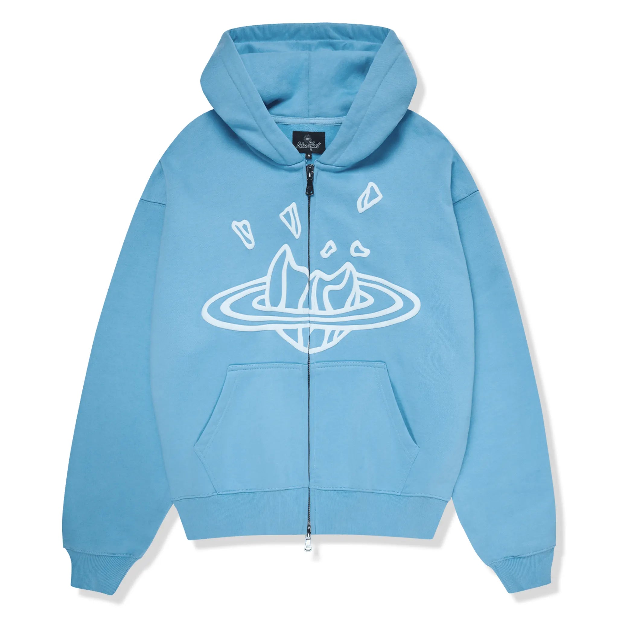 Front view of Broken Planet Outer Space Zip Up Light Blue Hoodie