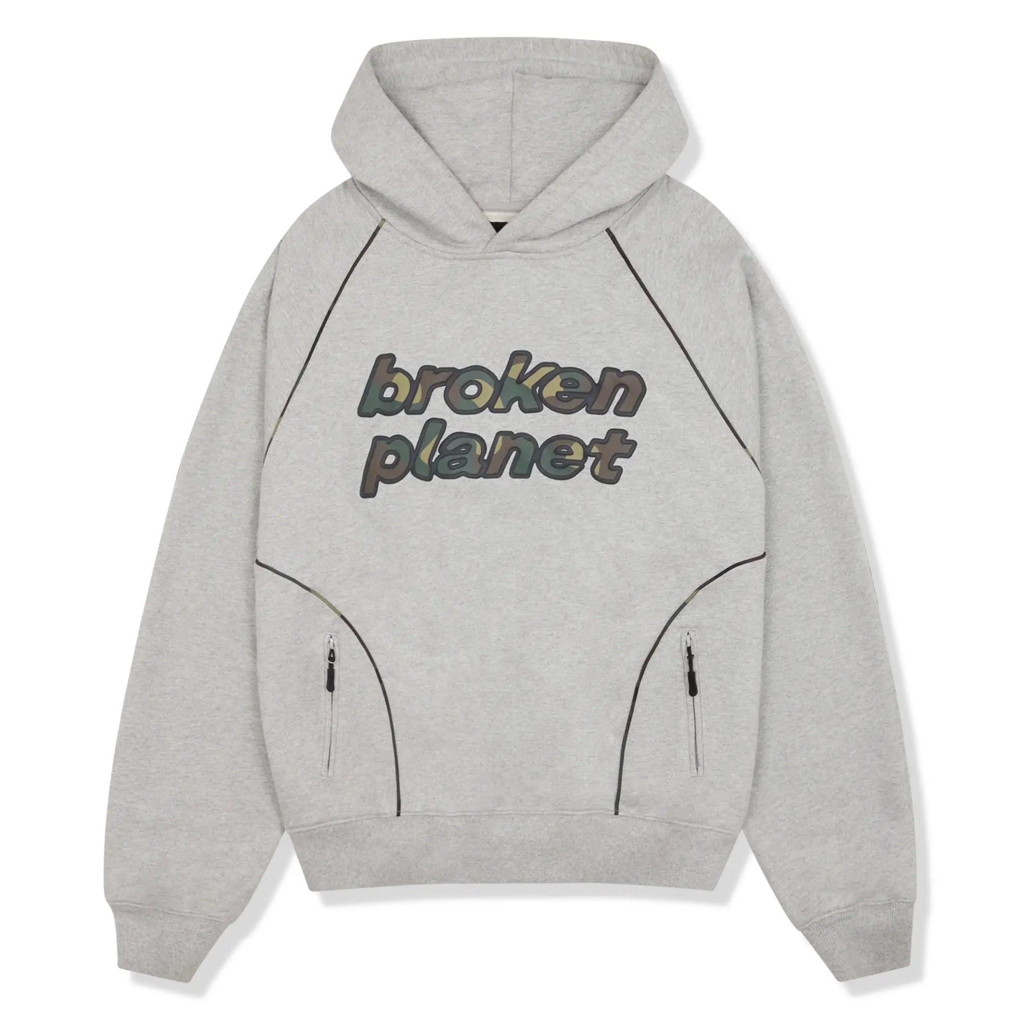 Front view of Broken Planet Performance Heather Grey Hoodie