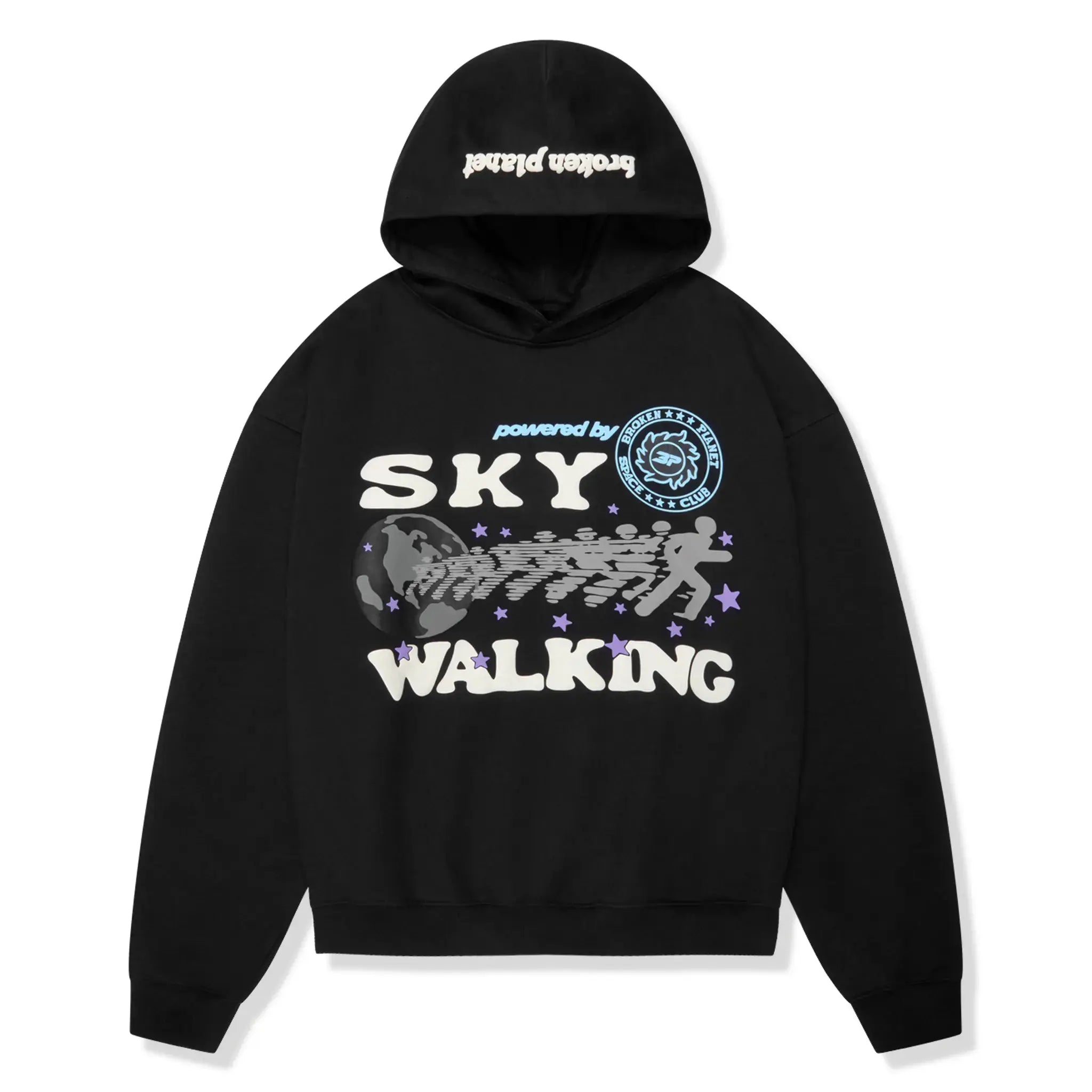 Front view of Broken Planet Sky Walking Midnight Black Hoodie 