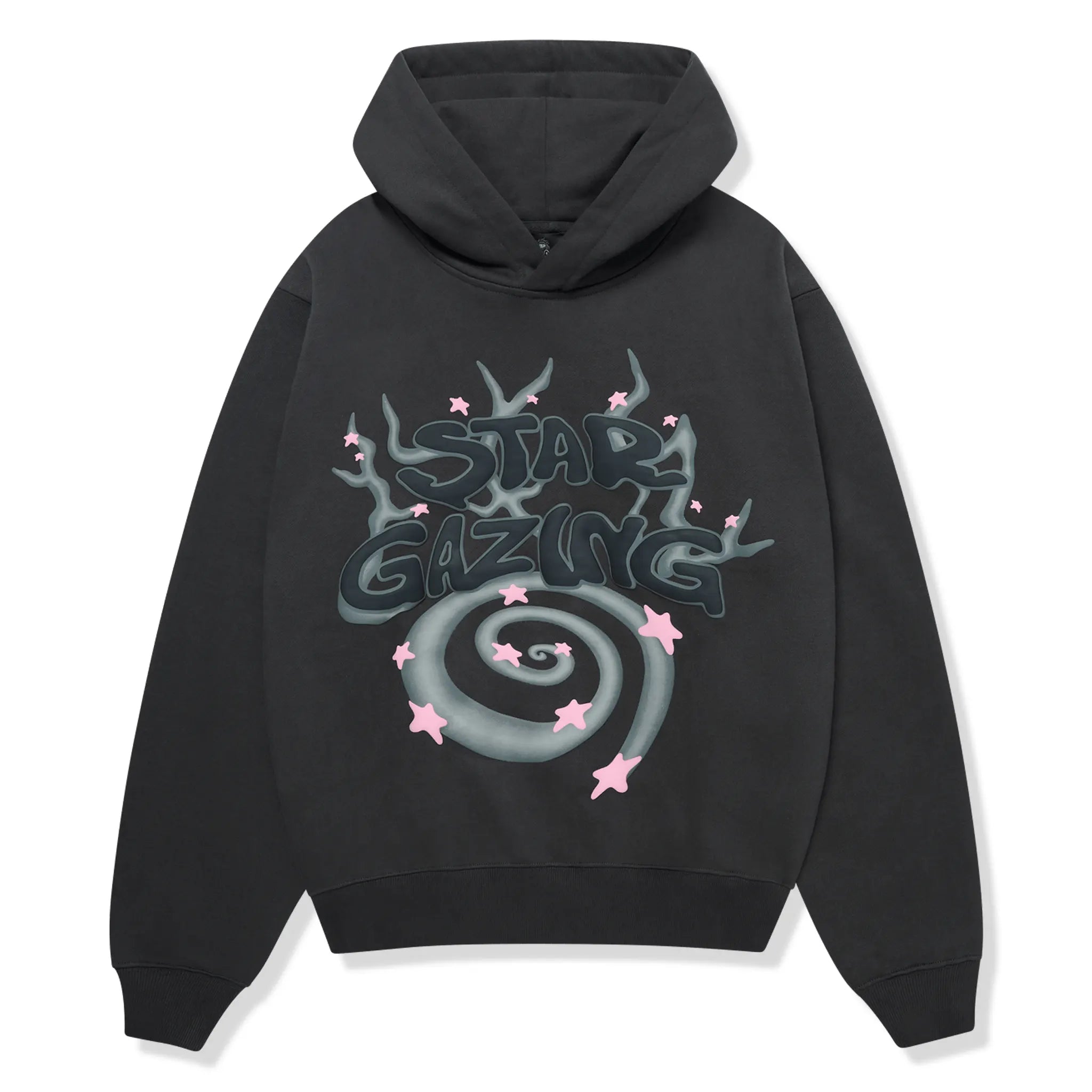 Front view of Broken Planet Stargazing Soot Black Hoodie