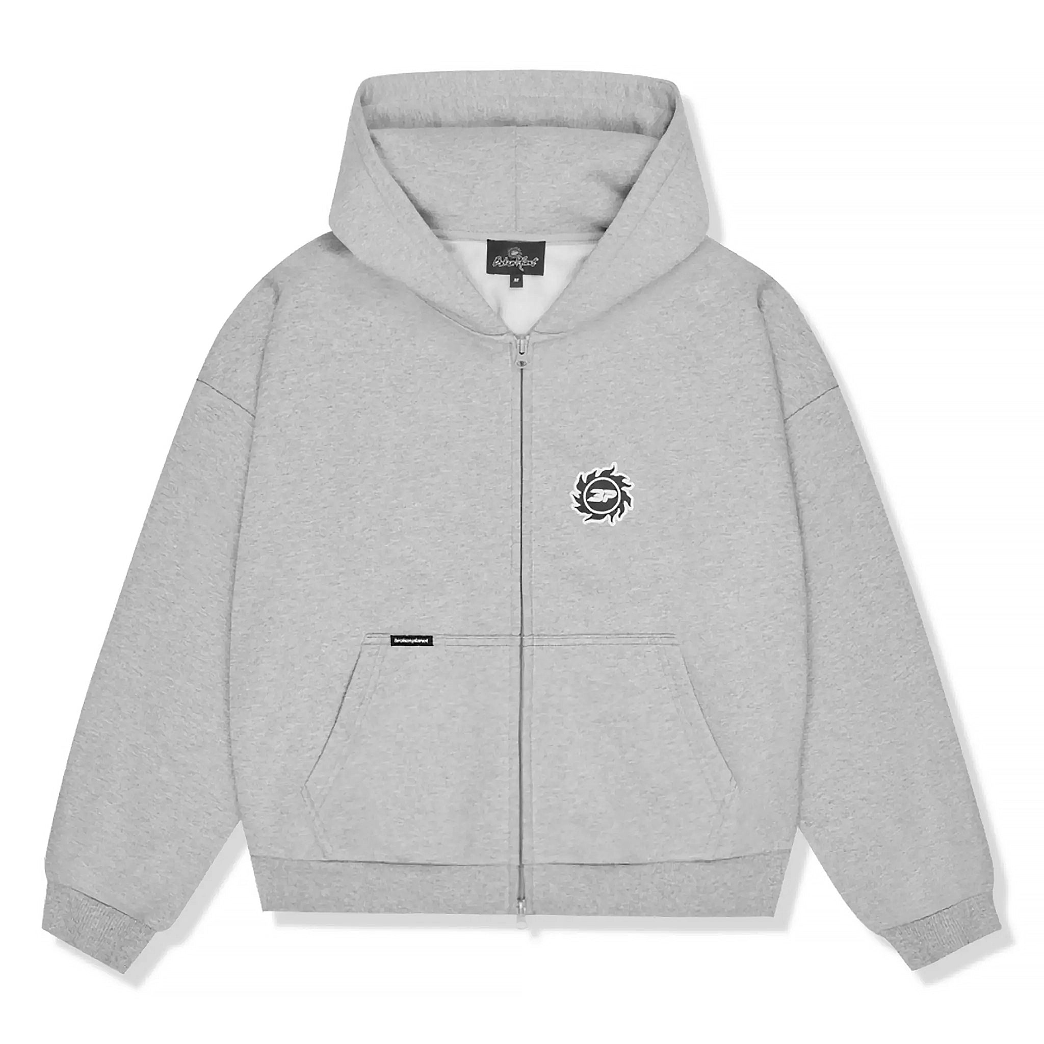 Front view of Broken Planet Sun Heather Grey Zip-Up Hoodie 