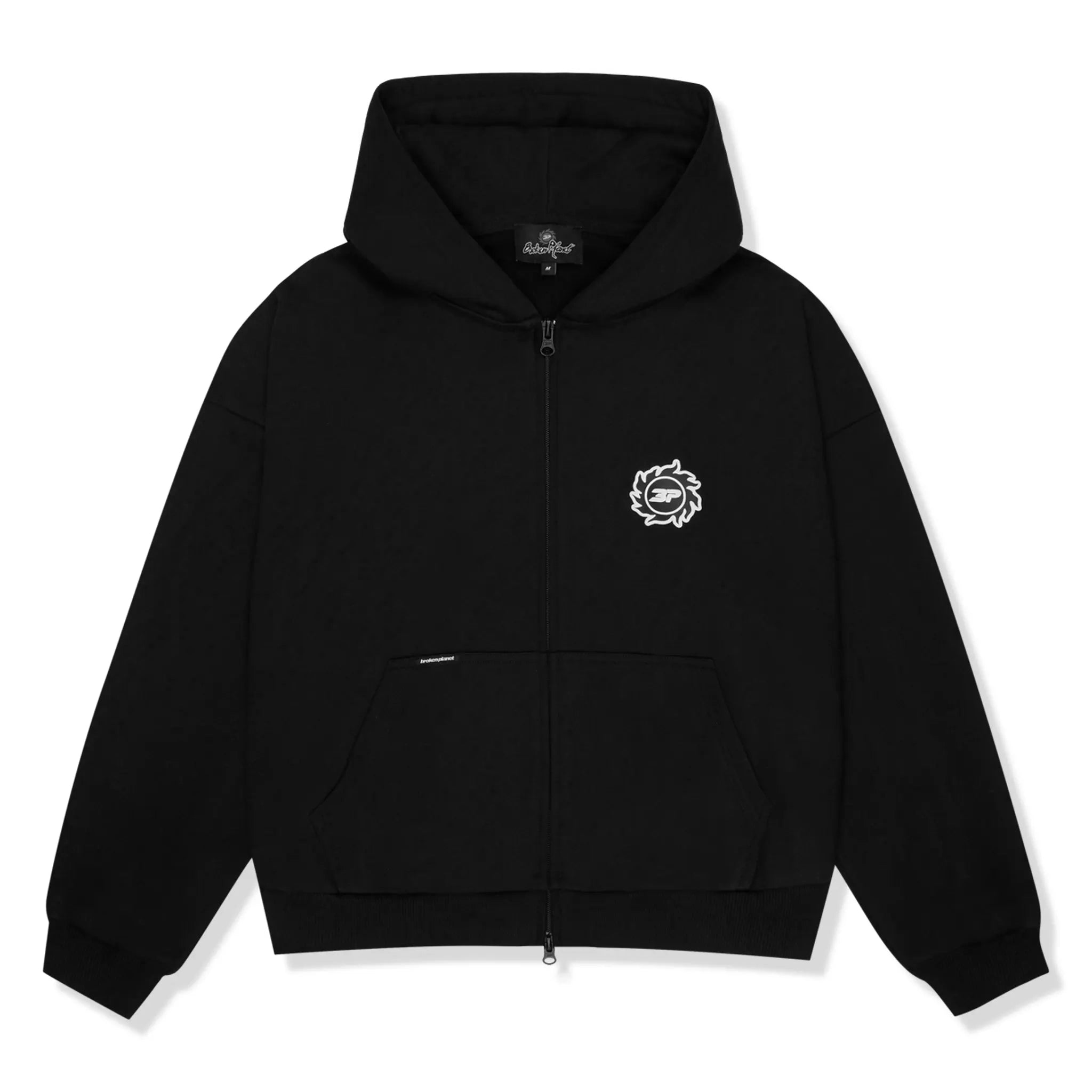 Front view of Broken Planet Sun Midnight Black Zip-Up Hoodie 