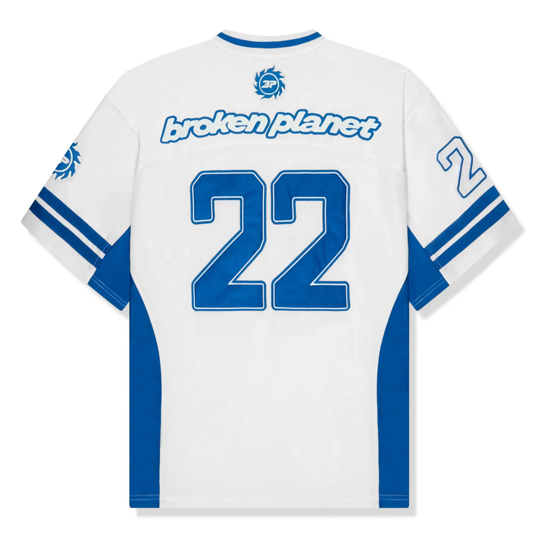 Back view of Broken Planet White Blue Football Jersey BP-FT-JS-WHITE/BLUE