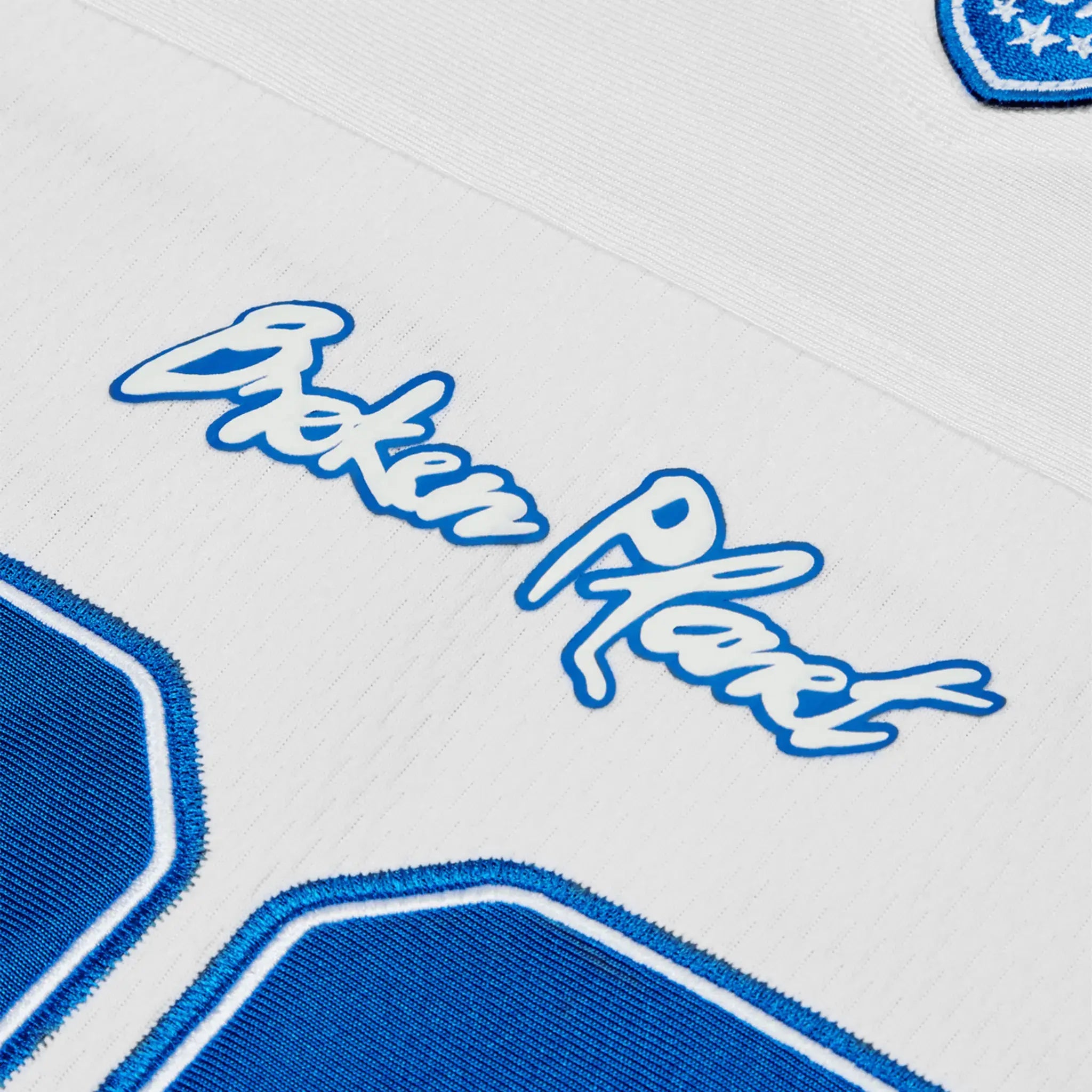 Back detail view of Broken Planet White Blue Football Jersey BP-FT-JS-WHITE/BLUE