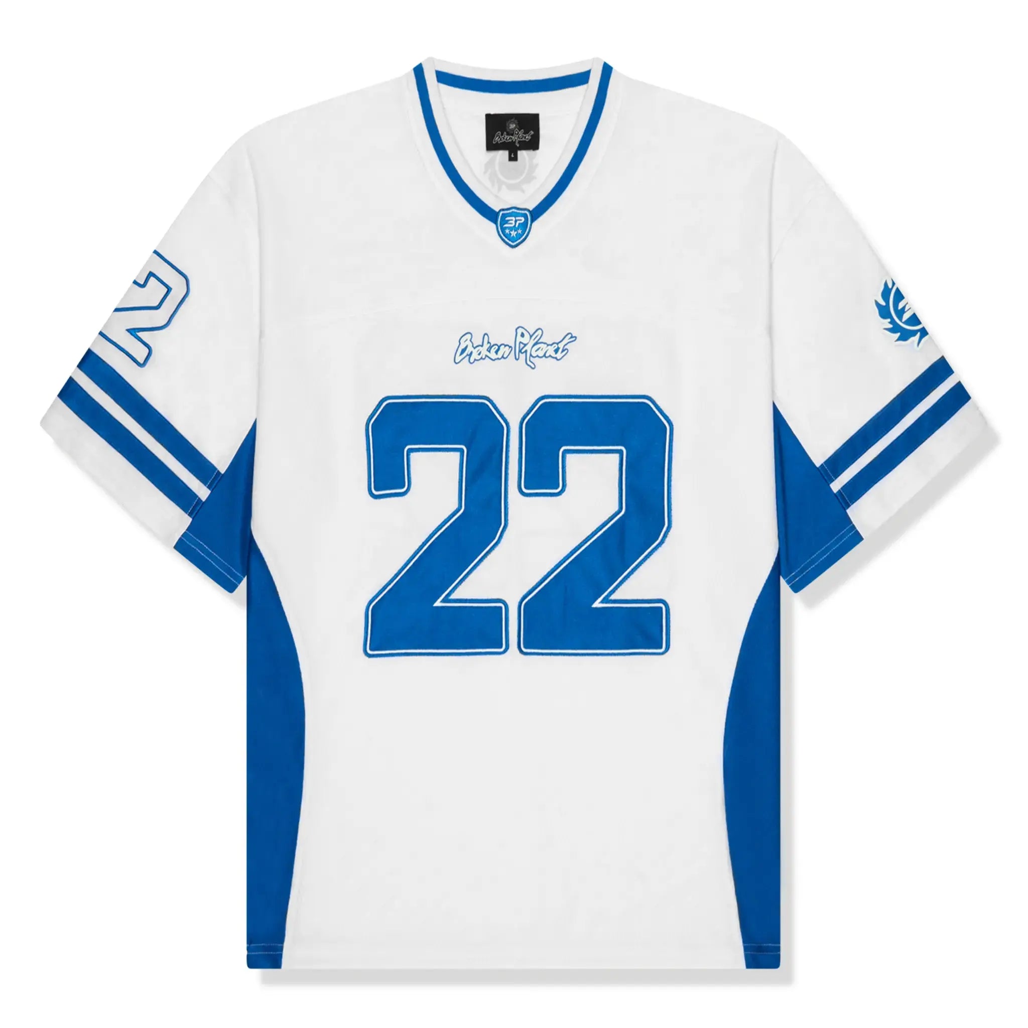 Front view of Broken Planet White Blue Football Jersey BP-FT-JS-WHITE/BLUE