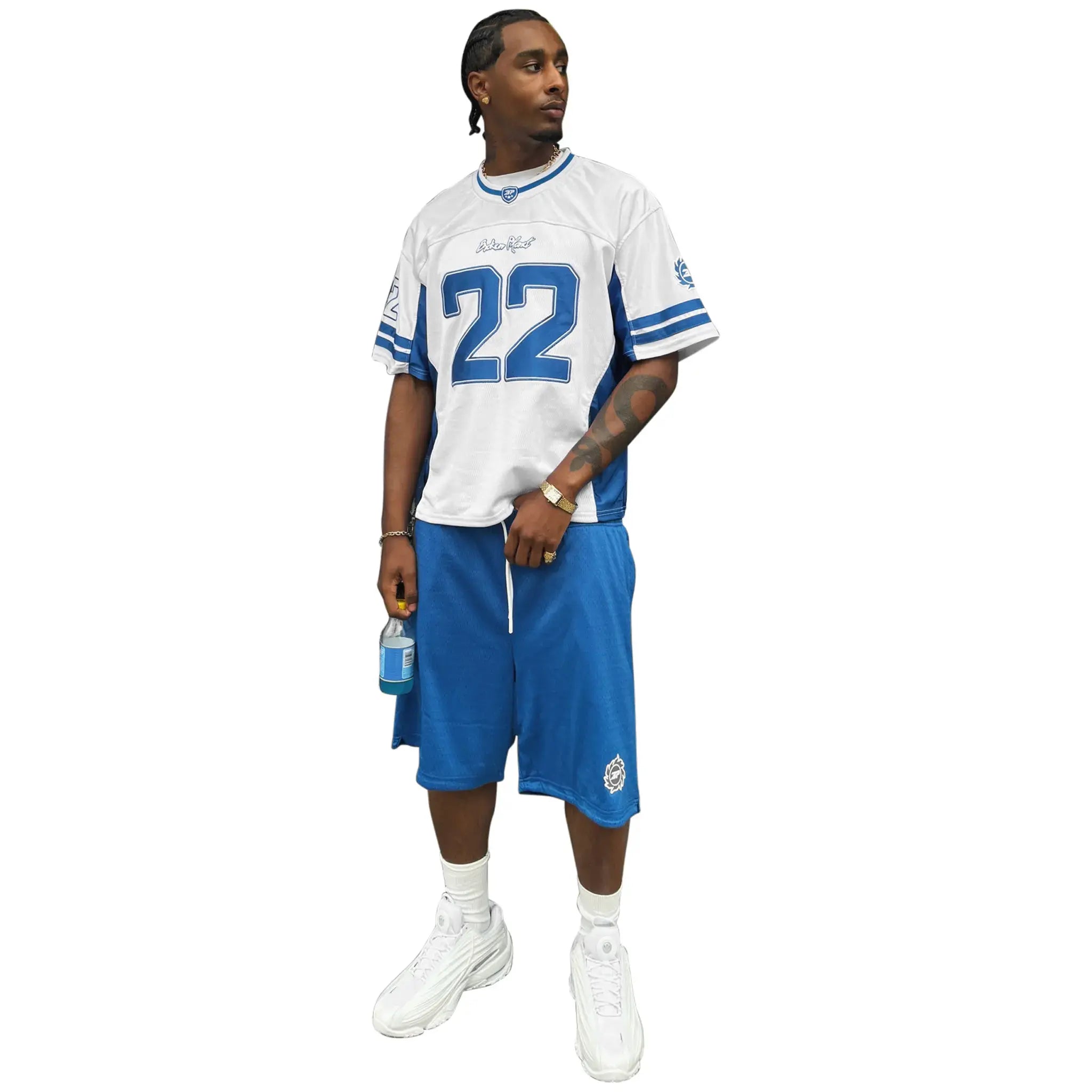 Model view of Broken Planet White Blue Football Jersey BP-FT-JS-WHITE/BLUE