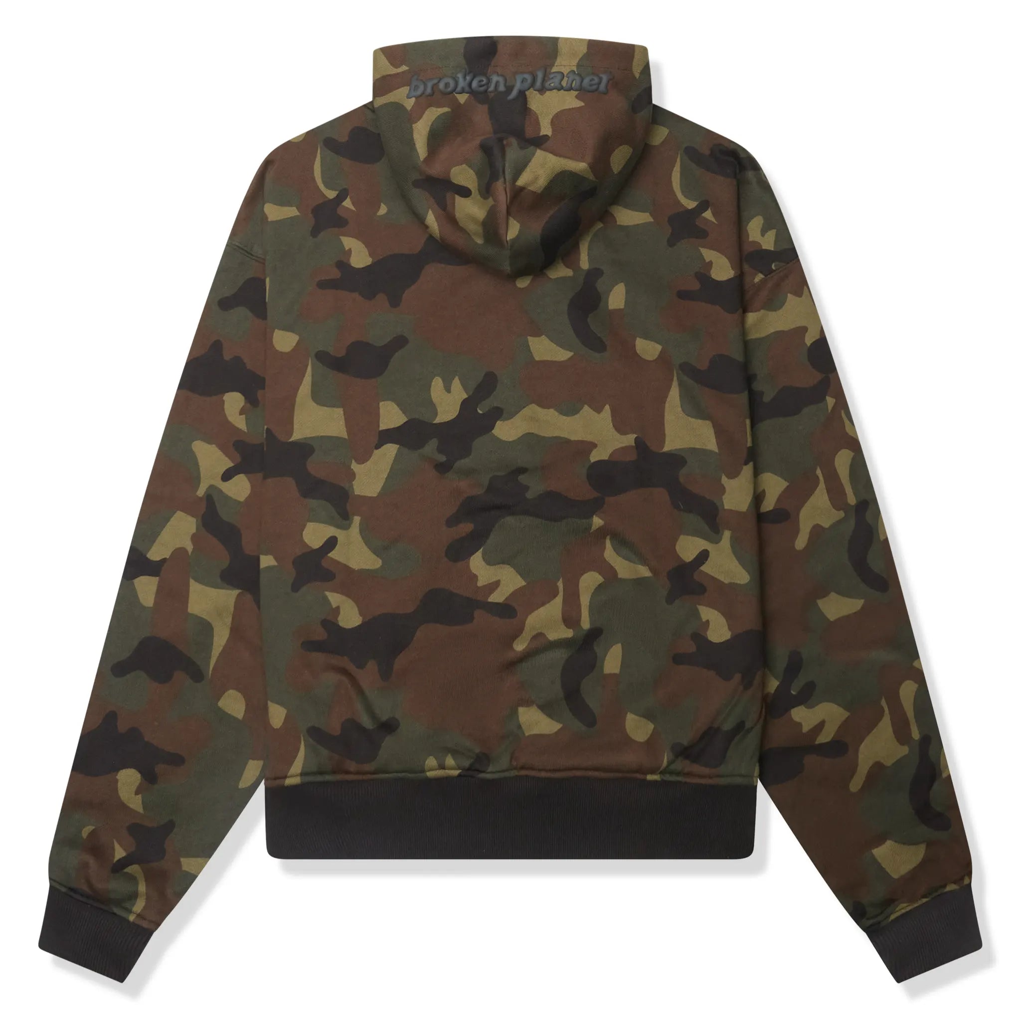 Back view of Broken Planet Zip-Up Camo Green Hoodie