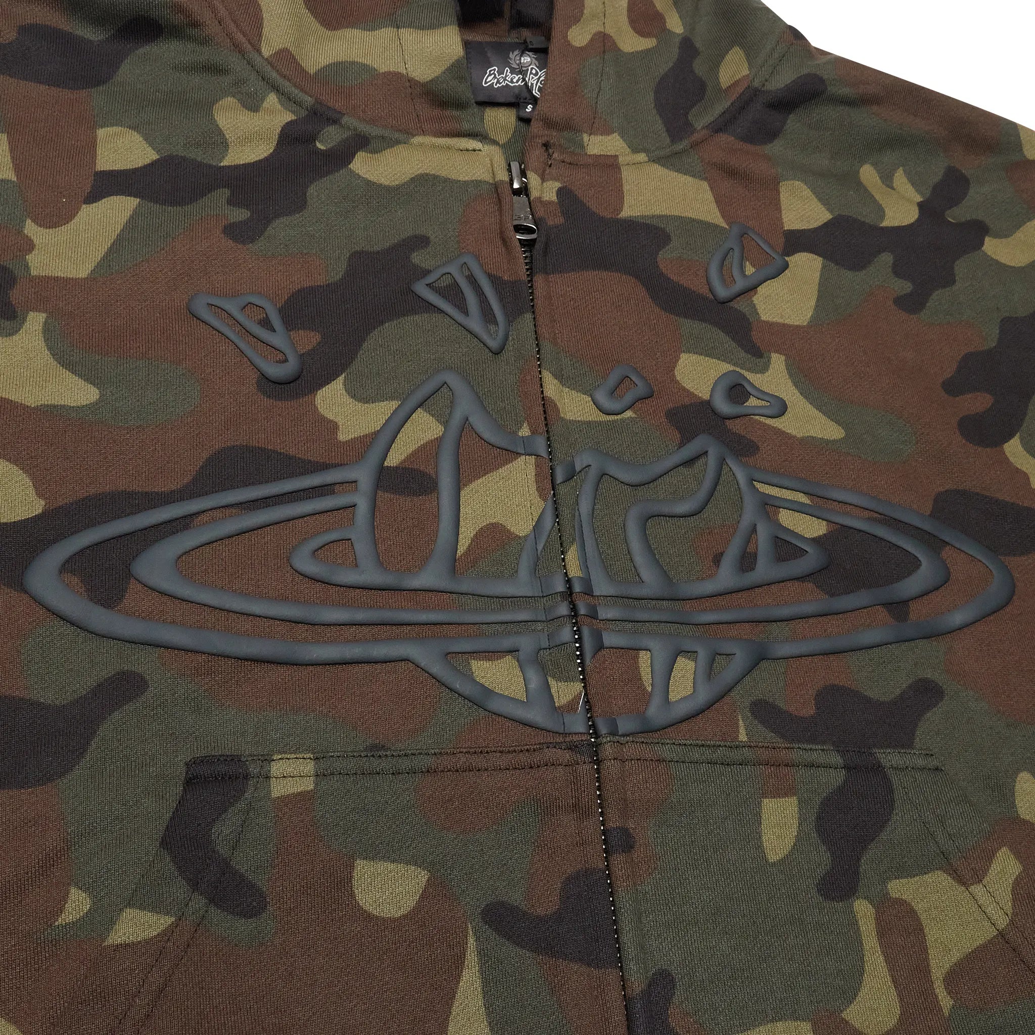 Front detail view of Broken Planet Zip-Up Camo Green Hoodie