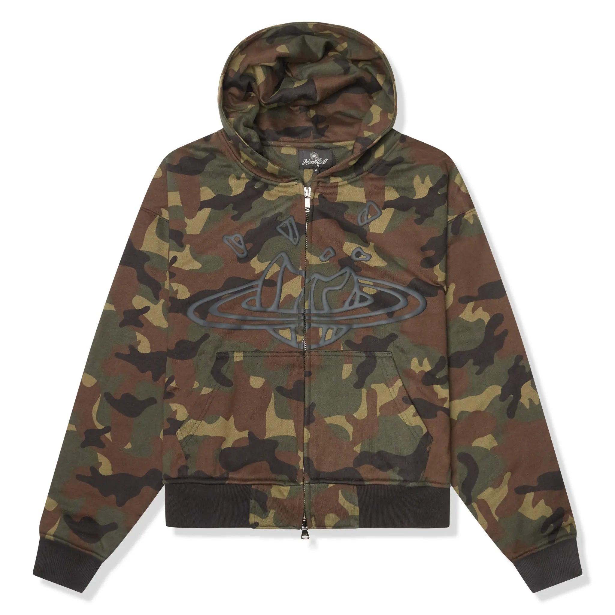 Front view of Broken Planet Zip-Up Camo Green Hoodie