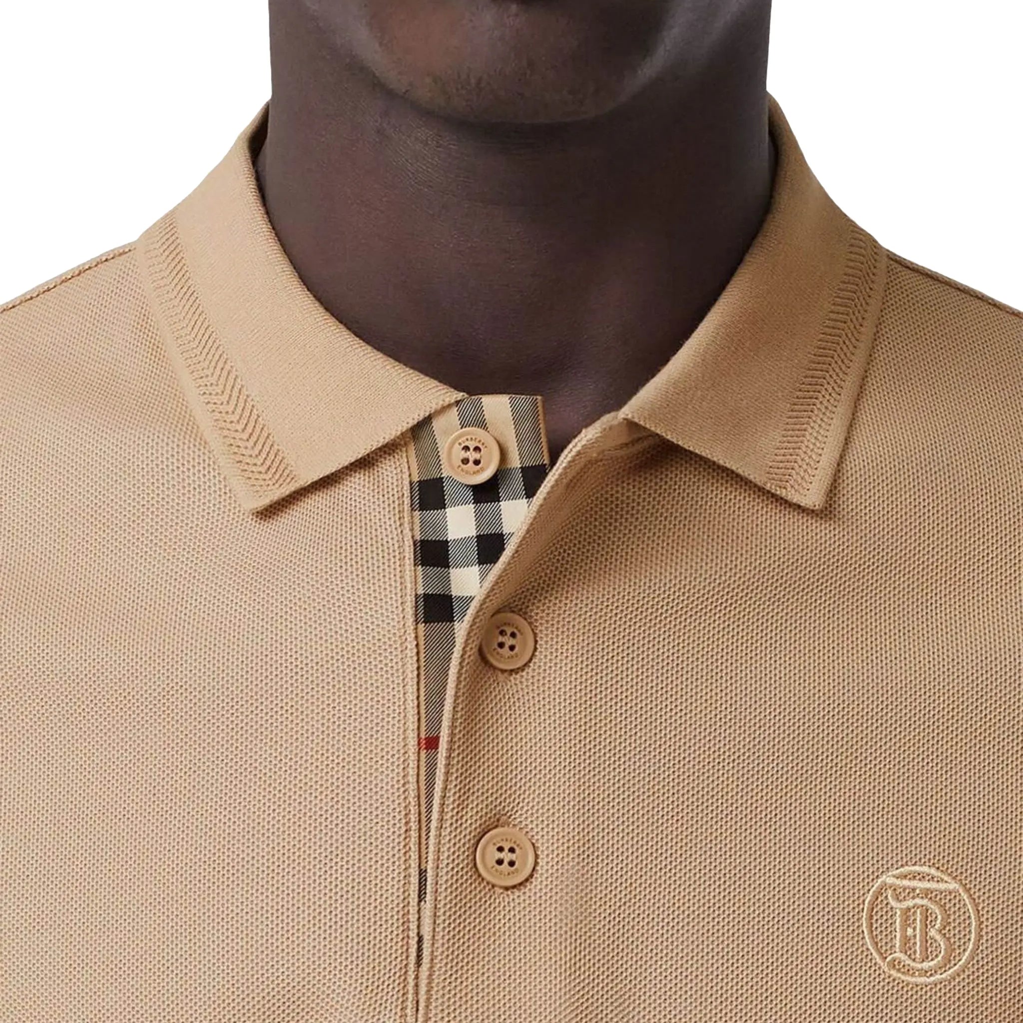 Detail view of Burberry Eddie Logo Piqué Cotton Soft Fawn Polo Shirt P80570881