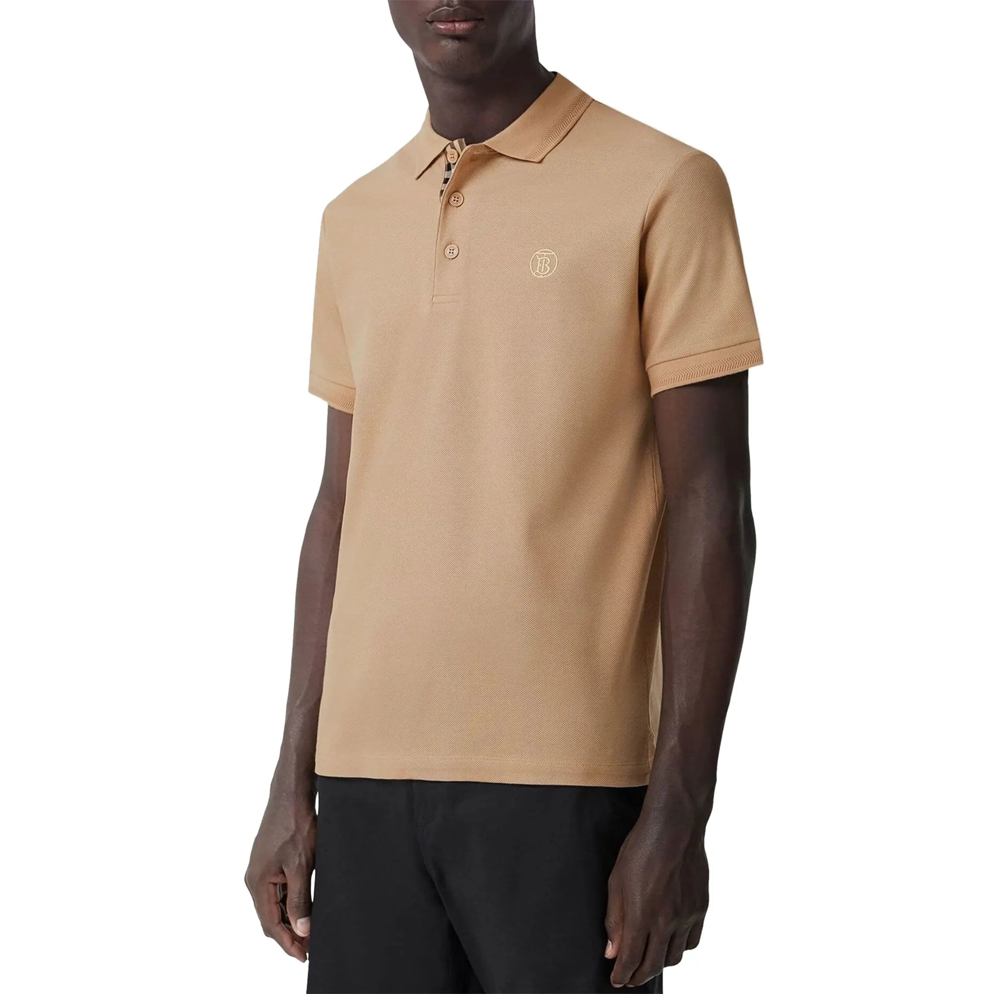 Model Front view of Burberry Eddie Logo Piqué Cotton Soft Fawn Polo Shirt P80570881