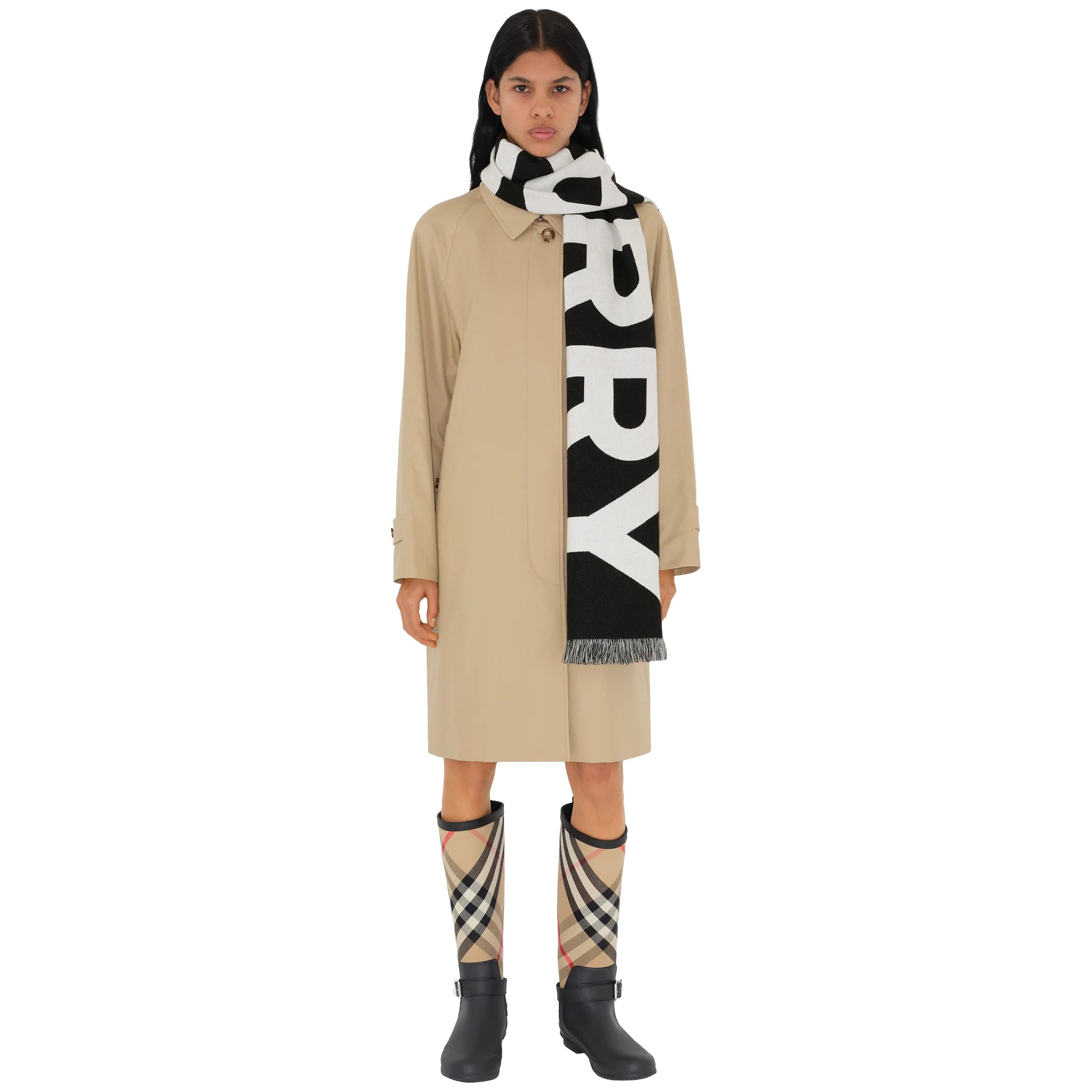 Model view of Burberry Logo Wool Black White Scarf 80542141