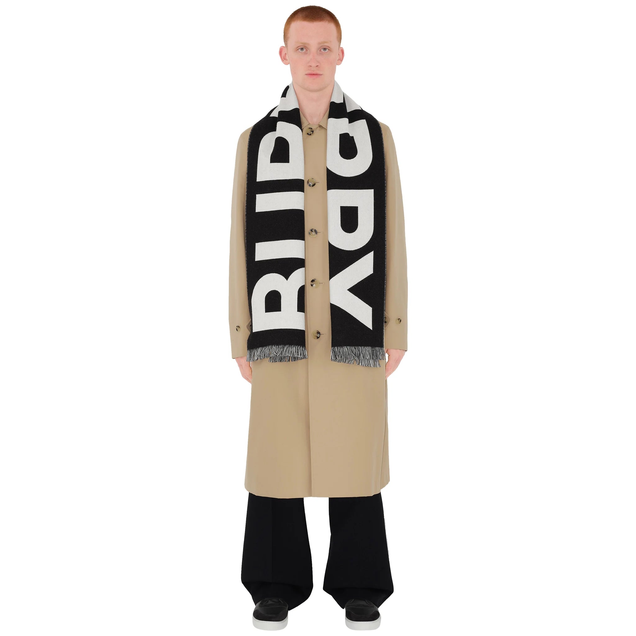 Model view of Burberry Logo Wool Black White Scarf 80542141