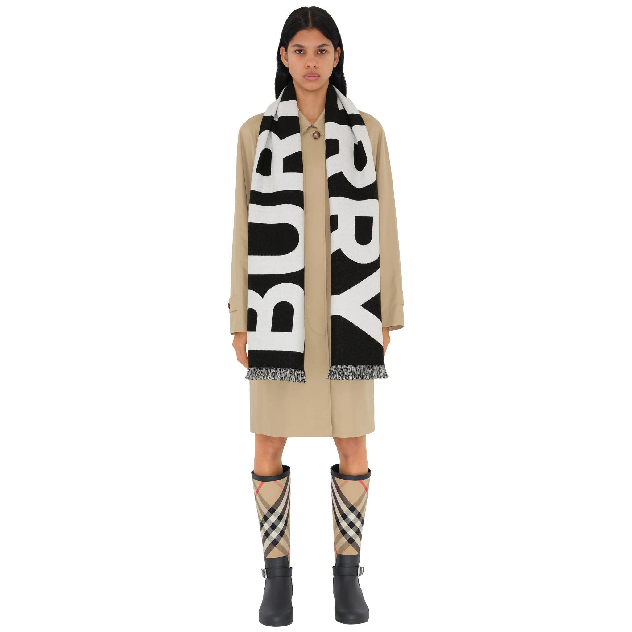 Model view of Burberry Logo Wool Black White Scarf 80542141