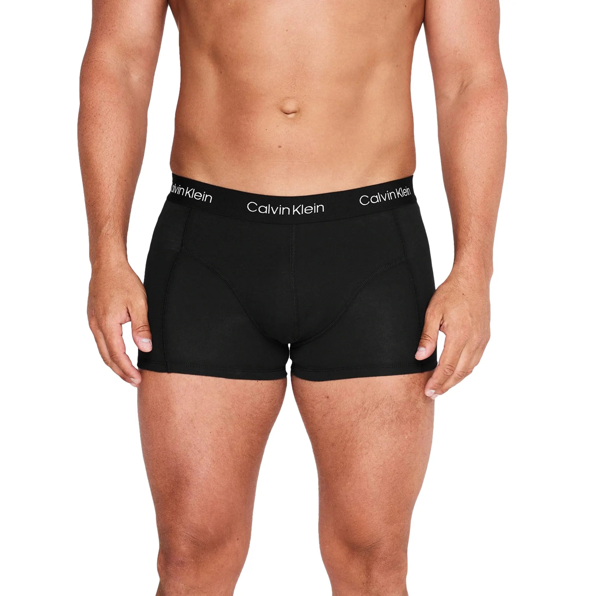 Model Front view of Calvin Klein 2 Pack Black Trunks