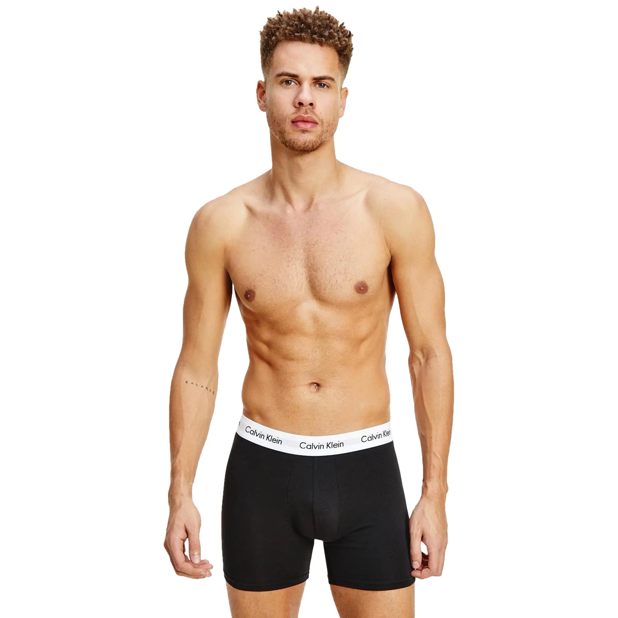 Model Front view of Calvin Klein 3 Pack Black Boxer Briefs