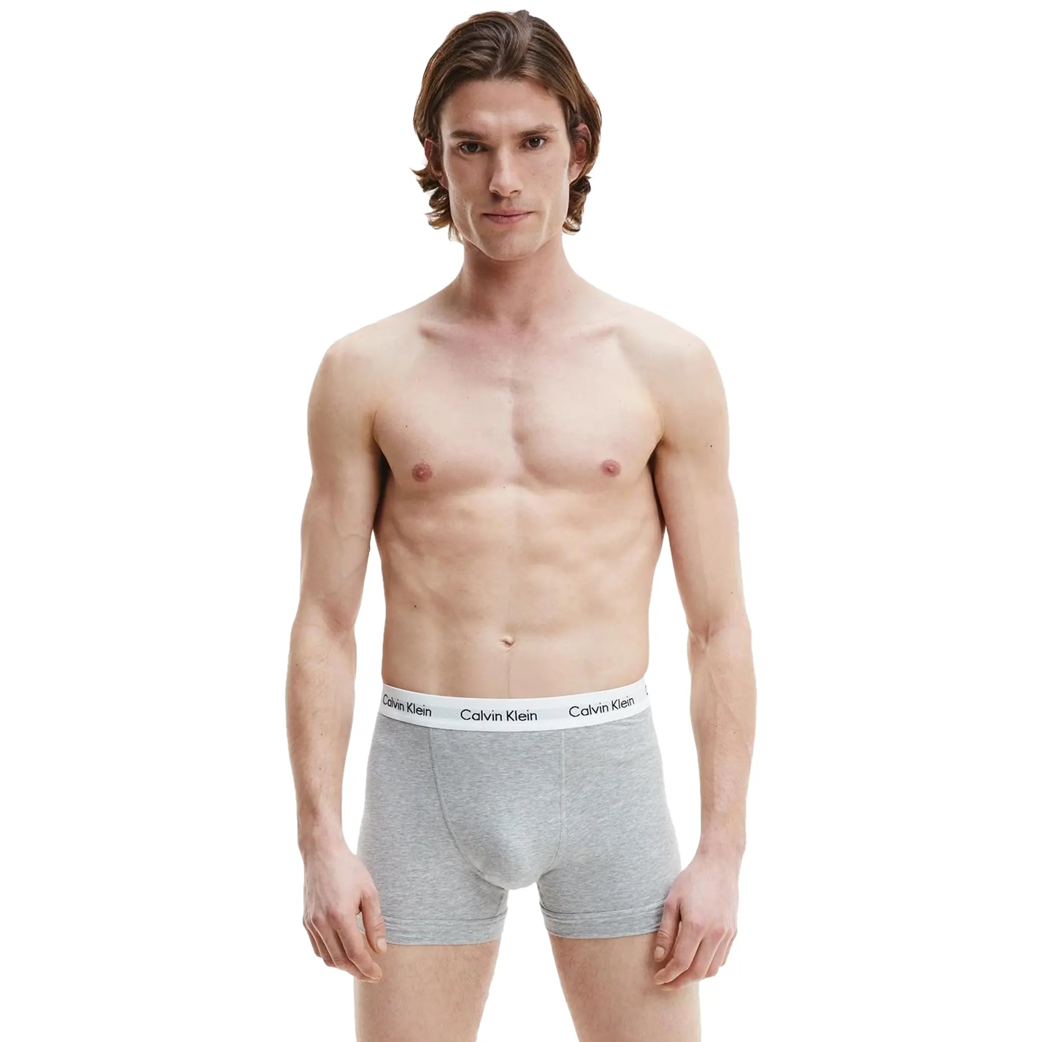 Model Grey view of Calvin Klein Pack Cotton Stretch White Black Grey Boxer Shorts