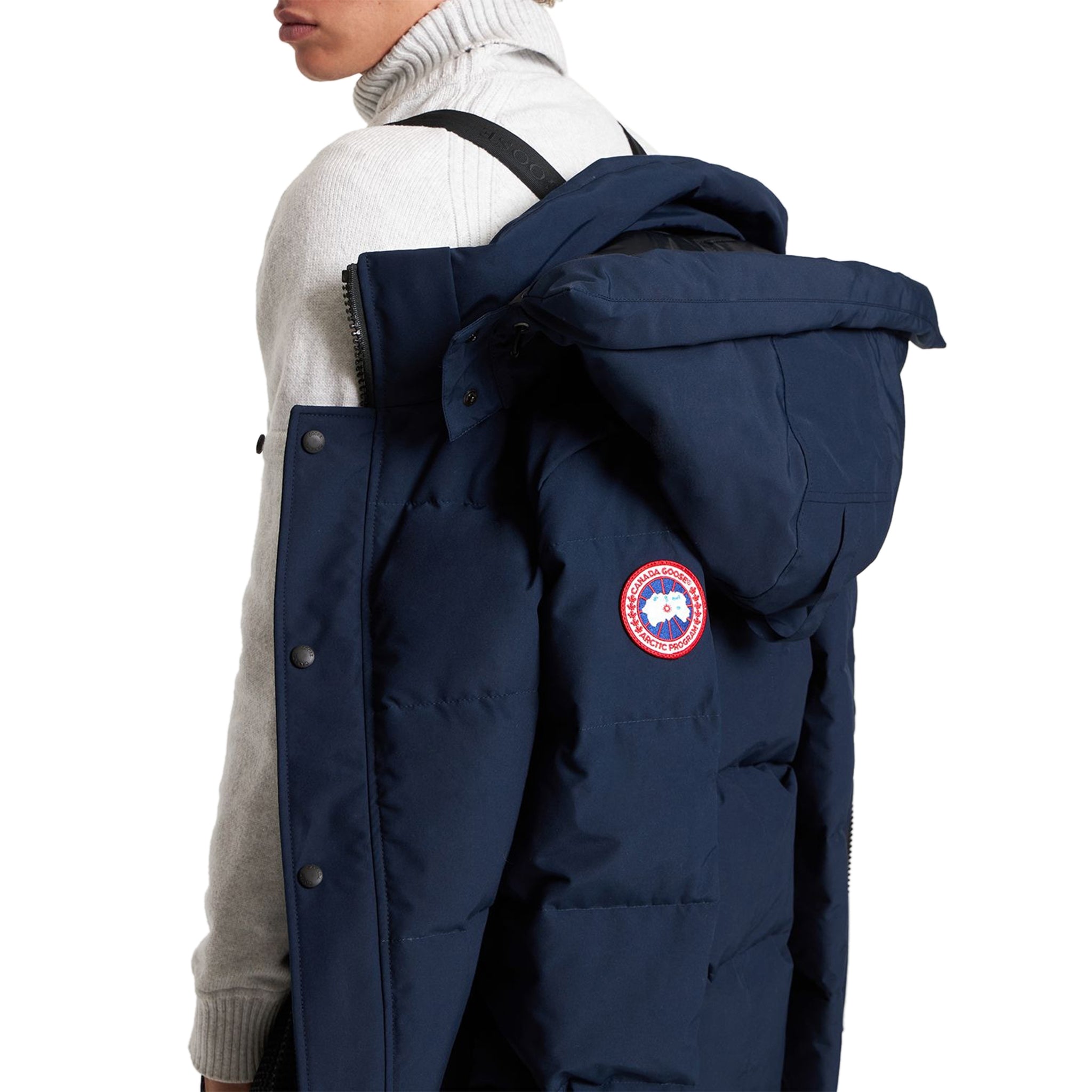 Model view of Canada Goose Wyndham Atlantic Navy Parka Jacket 2048M63